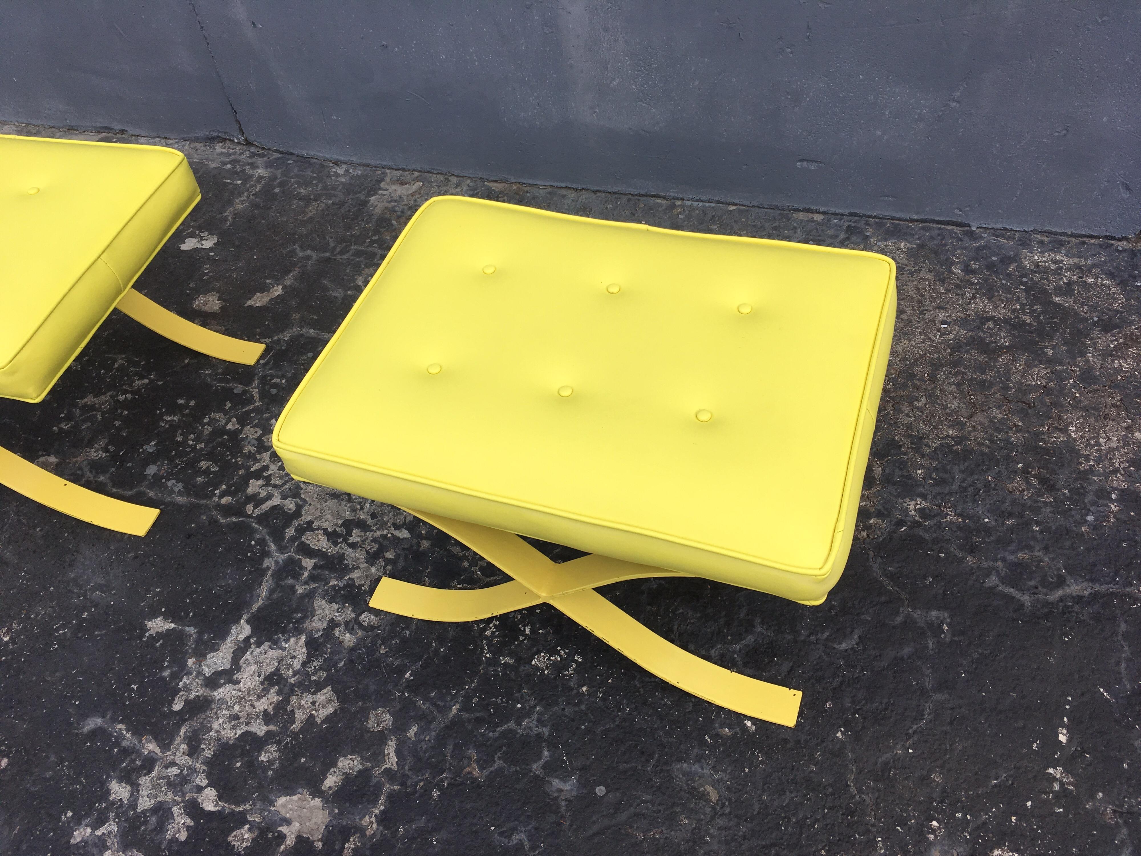 Pair of Mid-Century Modern Stools Ottomans Barcelona Style Yellow For Sale 7