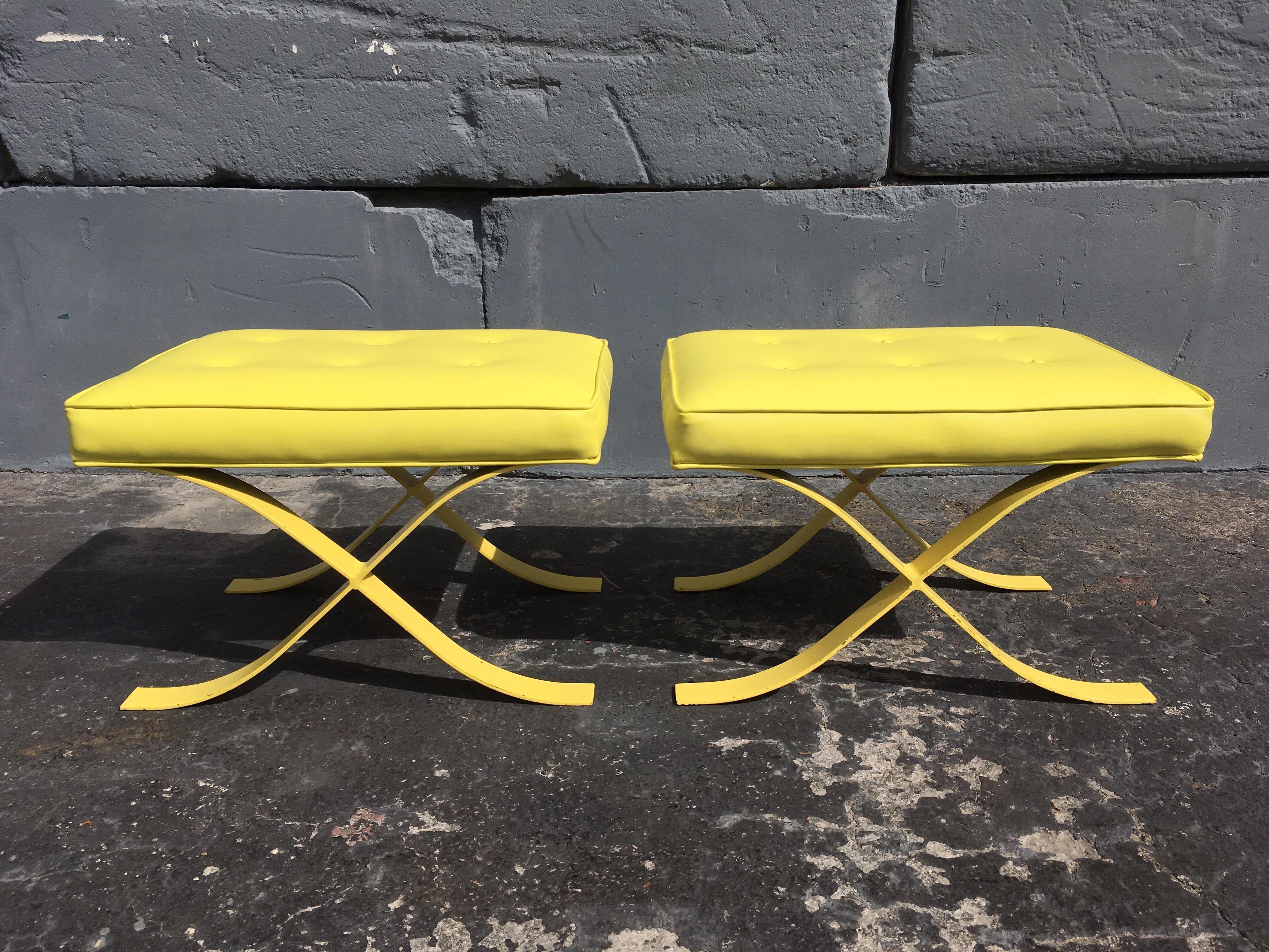 American Pair of Mid-Century Modern Stools Ottomans Barcelona Style Yellow For Sale