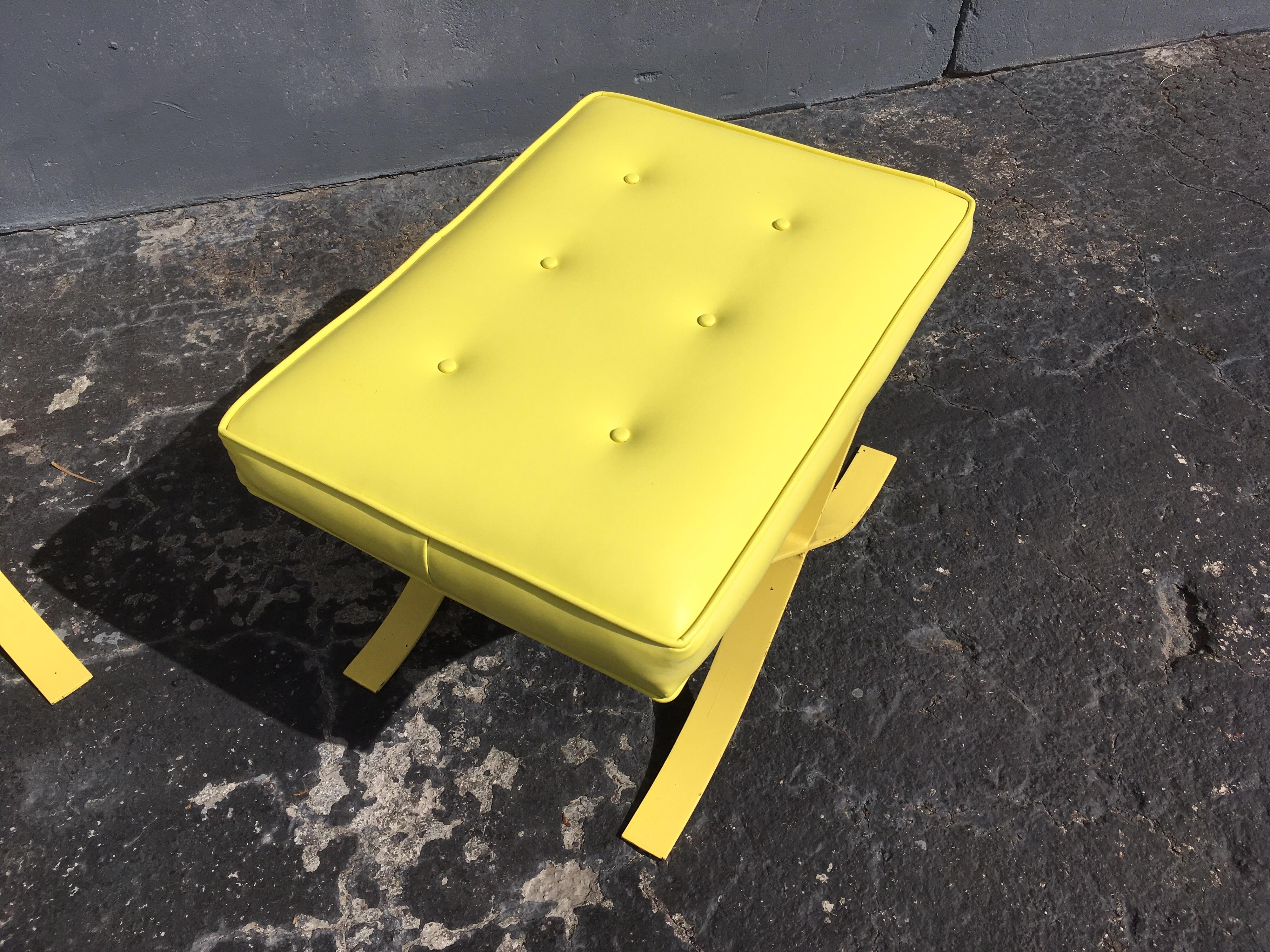 Mid-20th Century Pair of Mid-Century Modern Stools Ottomans Barcelona Style Yellow For Sale