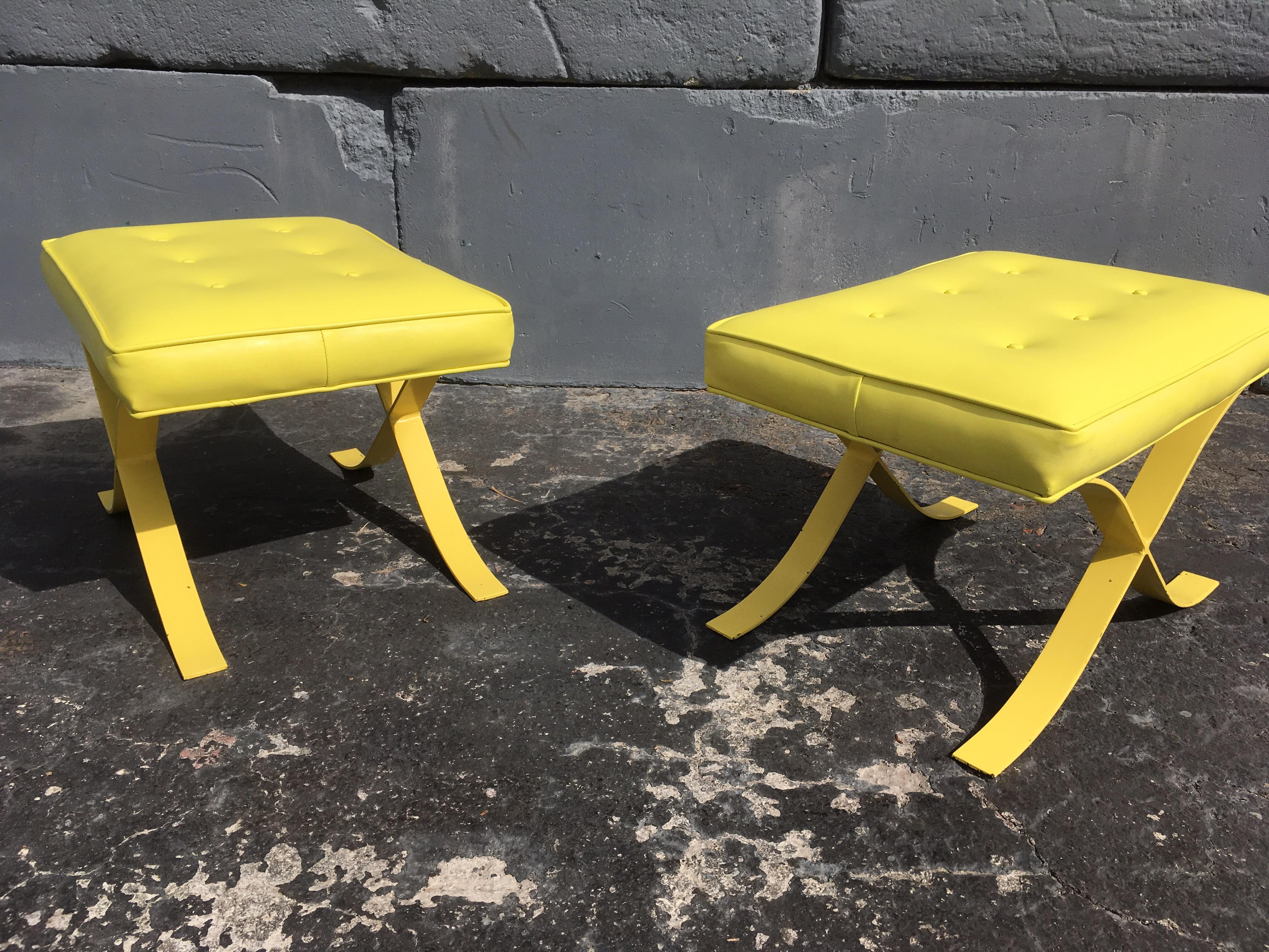 Steel Pair of Mid-Century Modern Stools Ottomans Barcelona Style Yellow For Sale