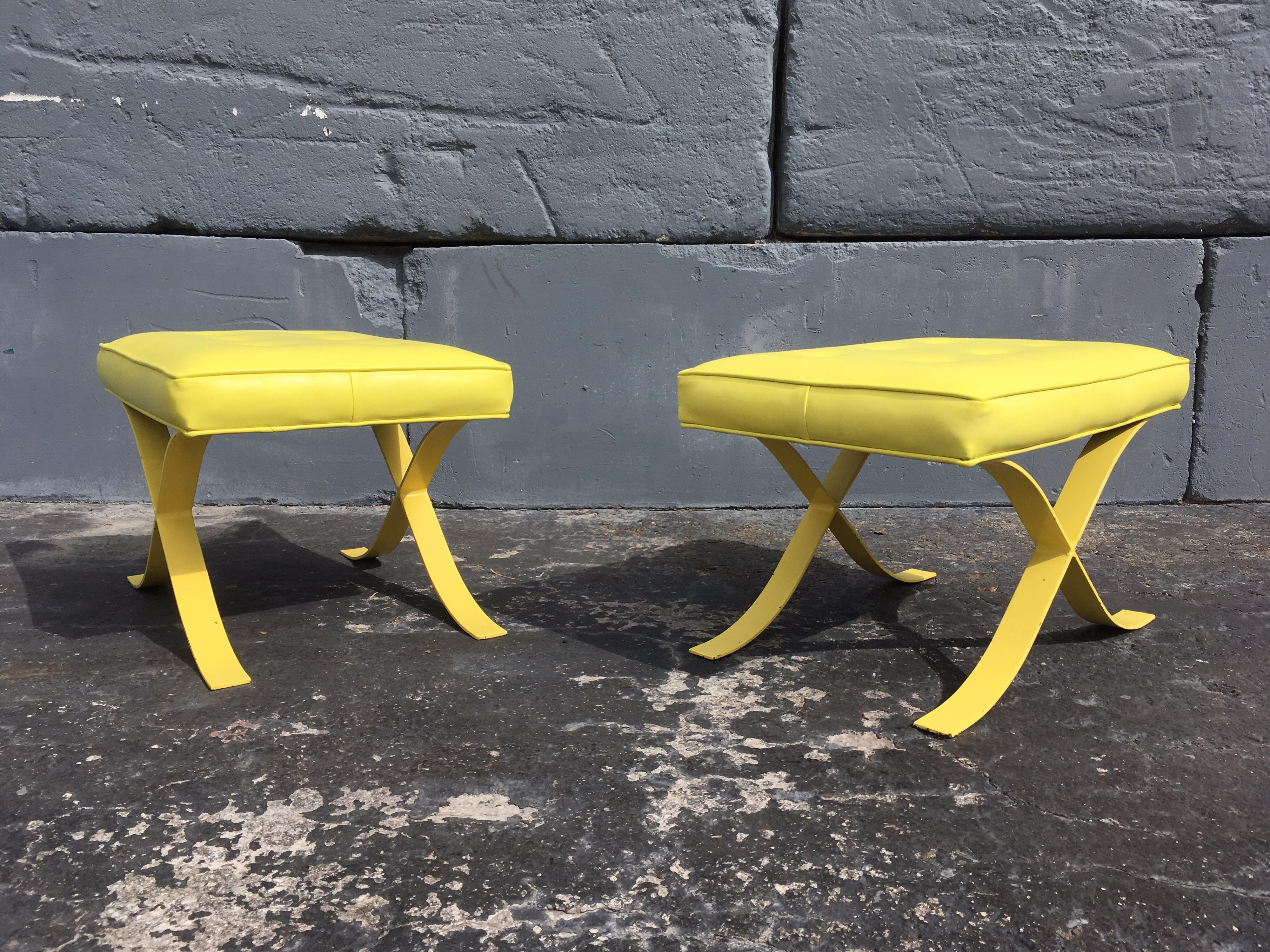 Pair of Mid-Century Modern Stools Ottomans Barcelona Style Yellow For Sale 1