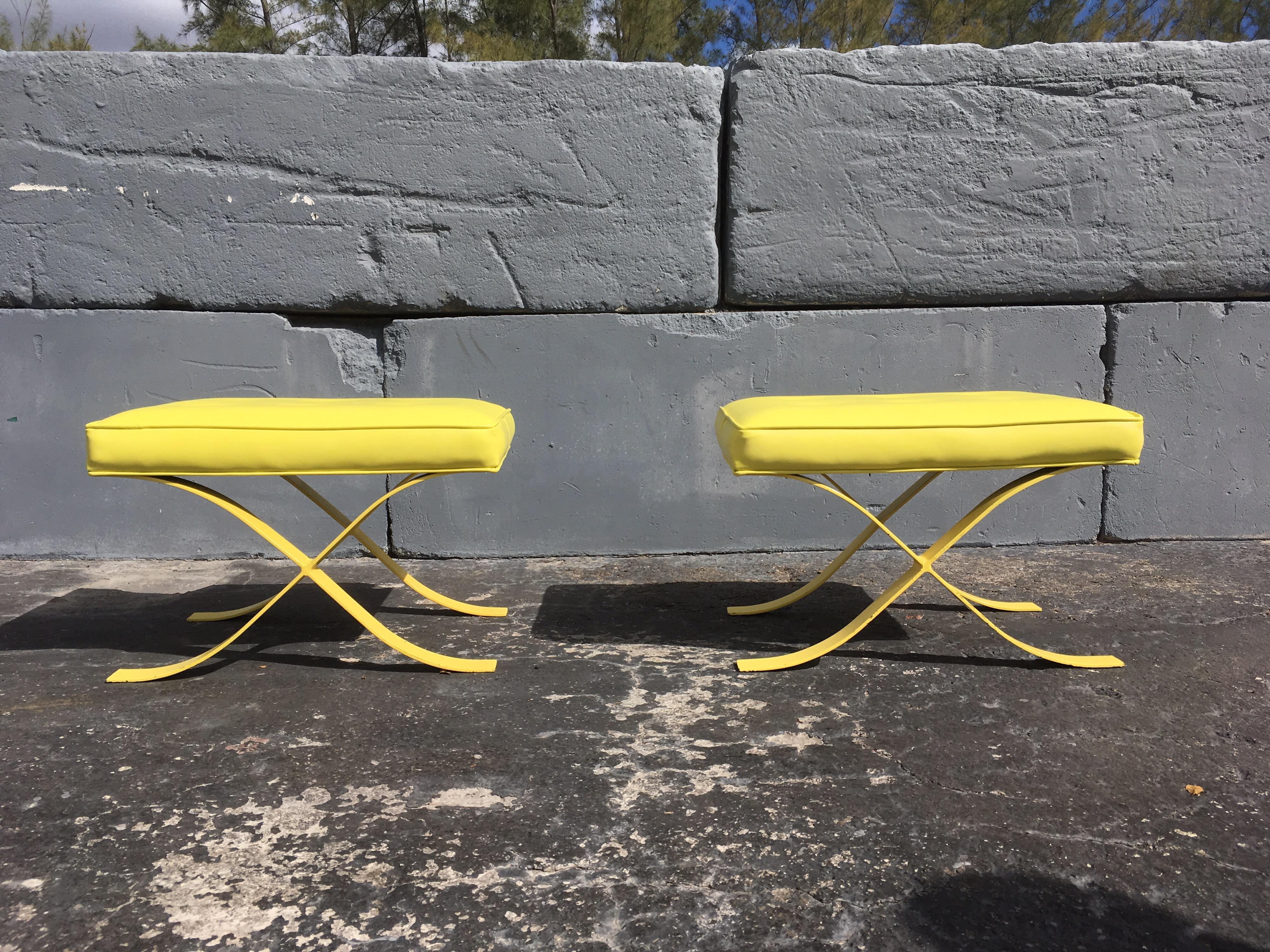 Pair of Mid-Century Modern Stools Ottomans Barcelona Style Yellow For Sale 2