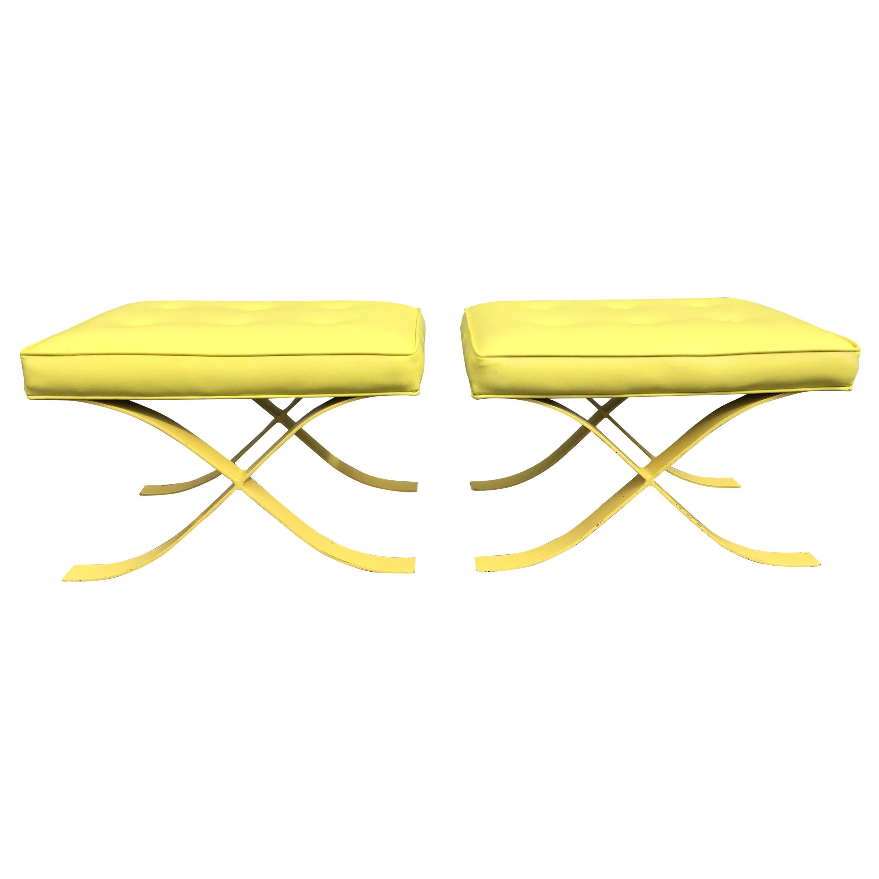 Pair of Mid-Century Modern Stools Ottomans Barcelona Style Yellow For Sale