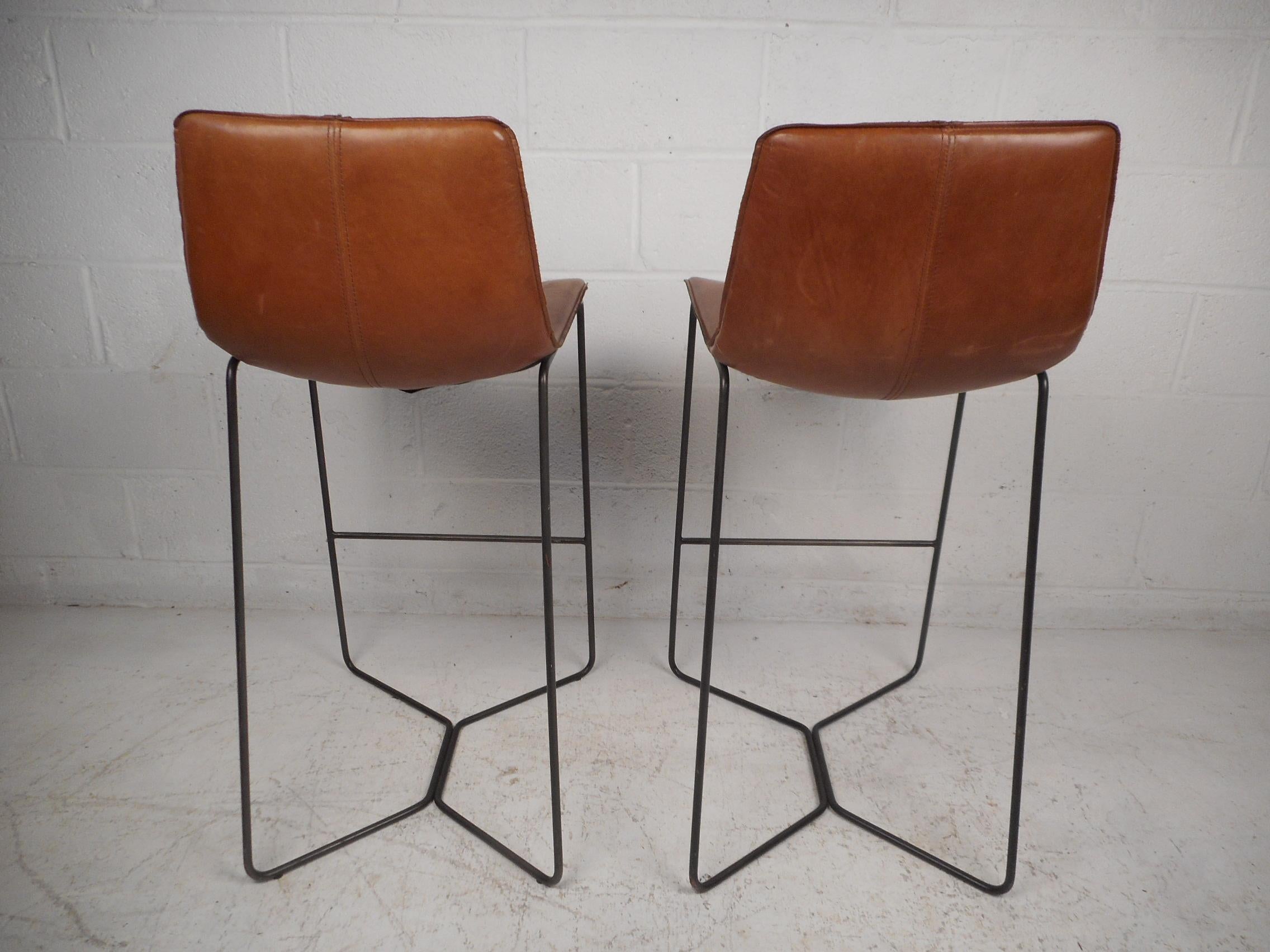 20th Century Pair of Mid-Century Modern Stools with Leather Upholstery