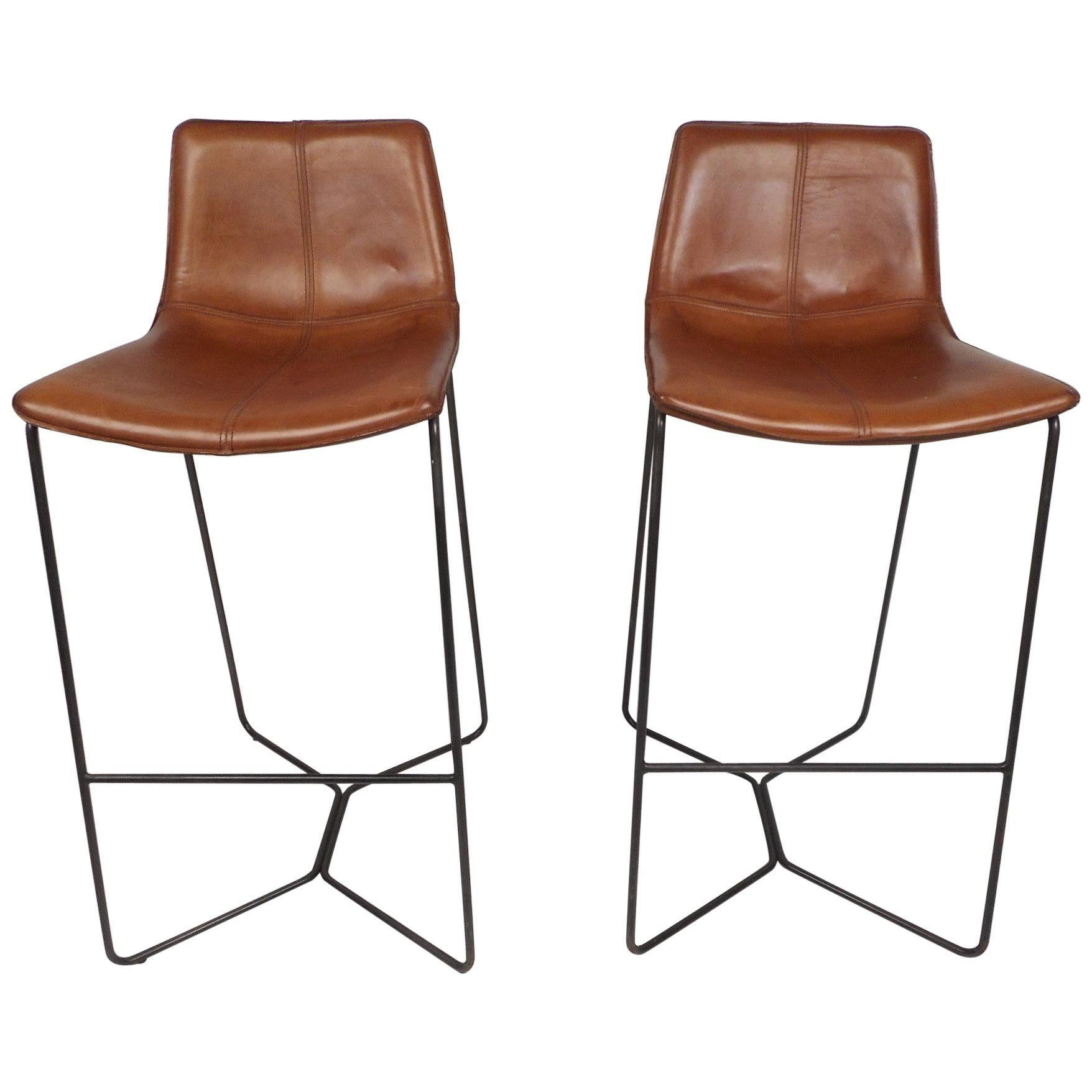 Pair of Mid-Century Modern Stools with Leather Upholstery
