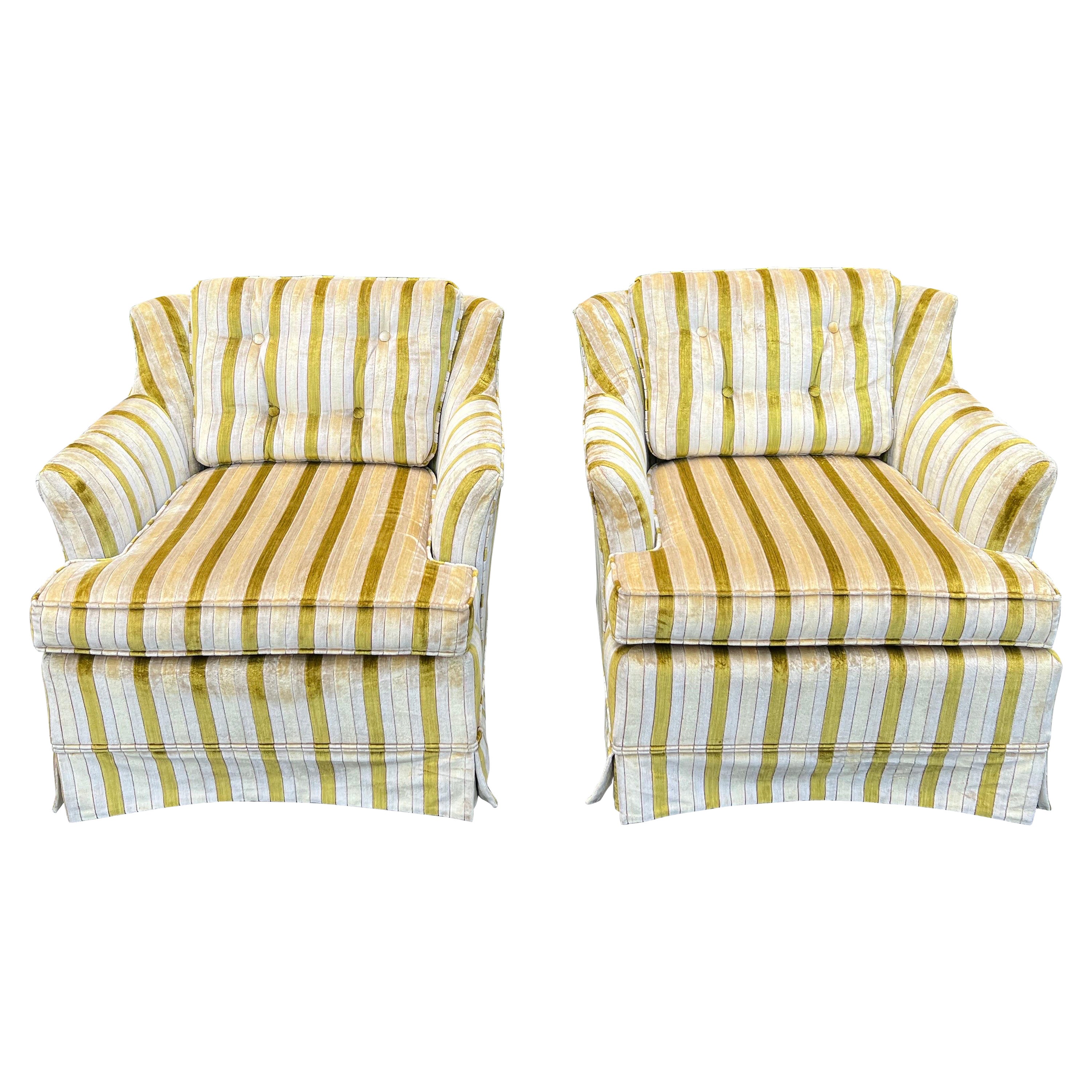 Pair of Mid Century Modern Striped Velvet Club Chairs