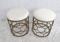 Pair of Mid-Century Modern Style Faux Brass Base White Vinyl Stools