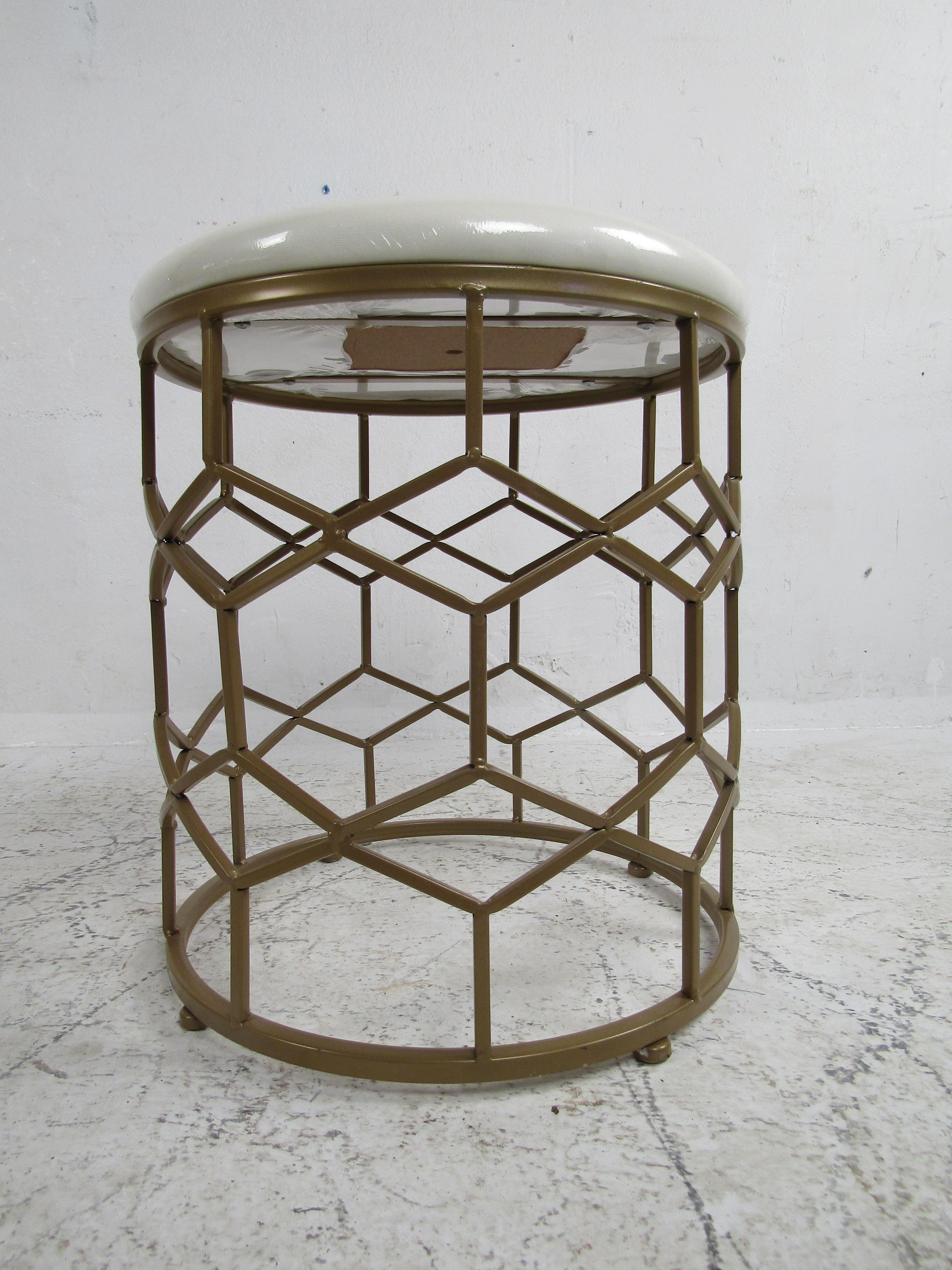 20th Century Pair of Mid-Century Modern Style Faux Brass Base White Vinyl Stools For Sale