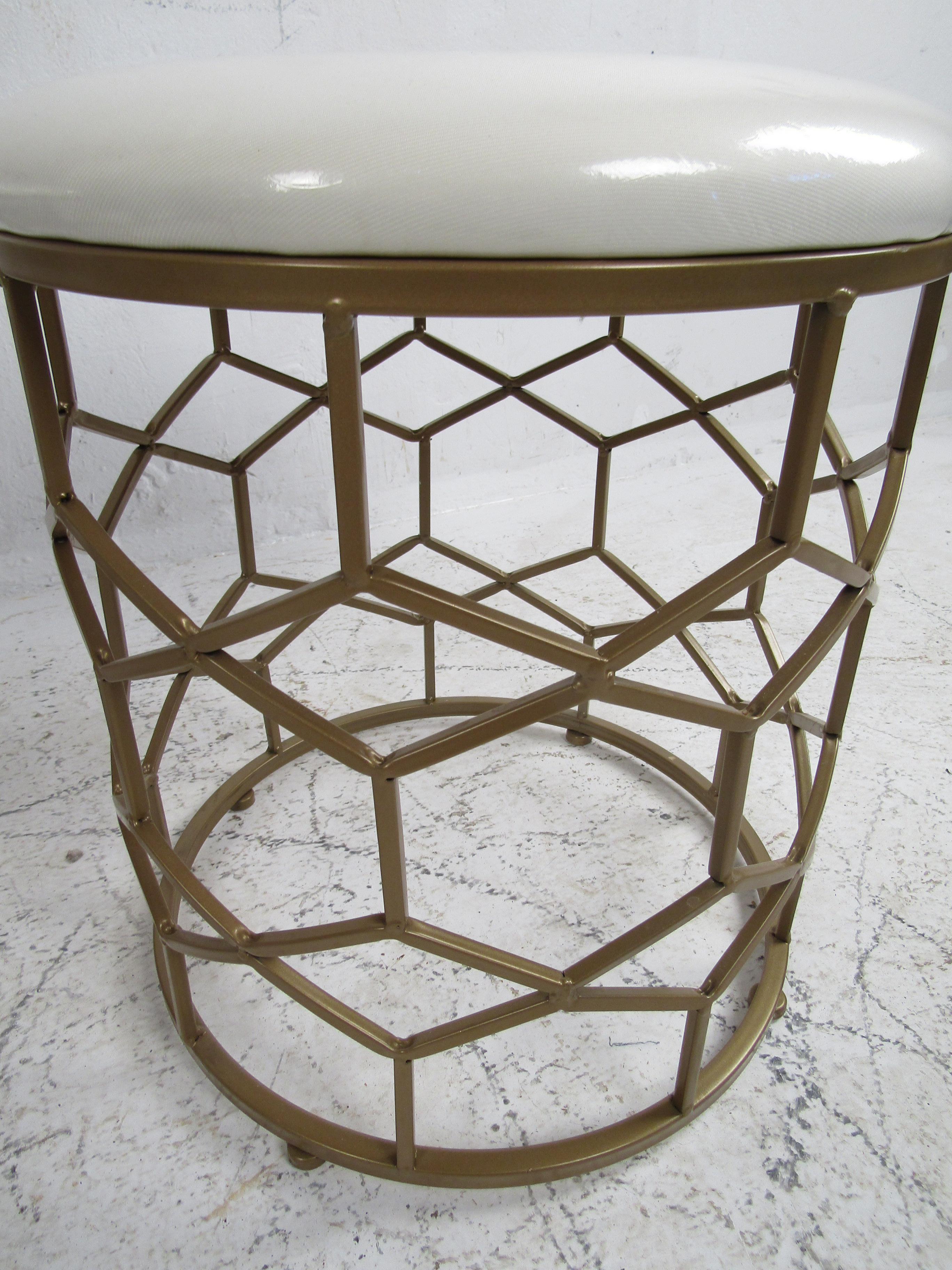 Metal Pair of Mid-Century Modern Style Faux Brass Base White Vinyl Stools For Sale