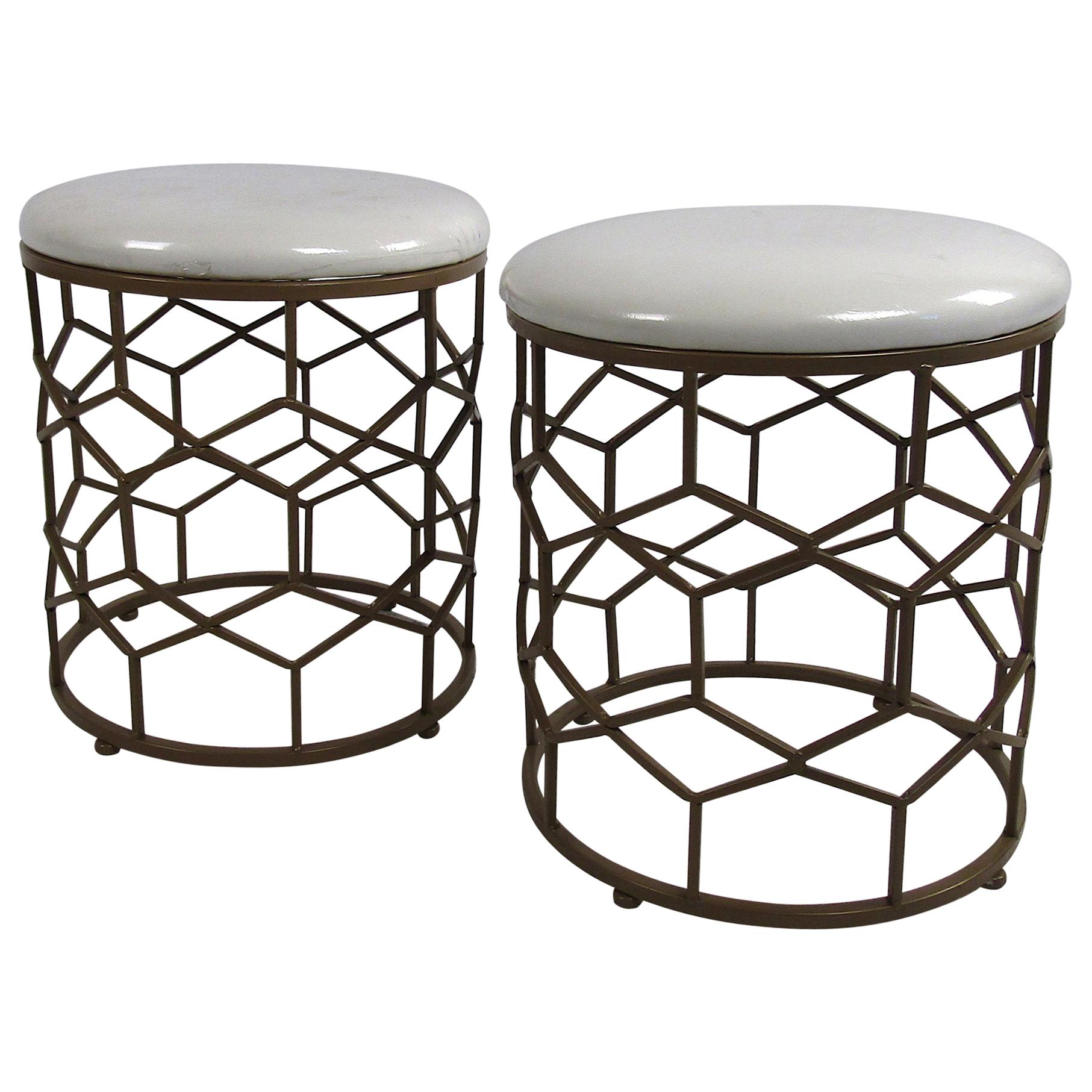 Pair of Mid-Century Modern Style Faux Brass Base White Vinyl Stools For Sale
