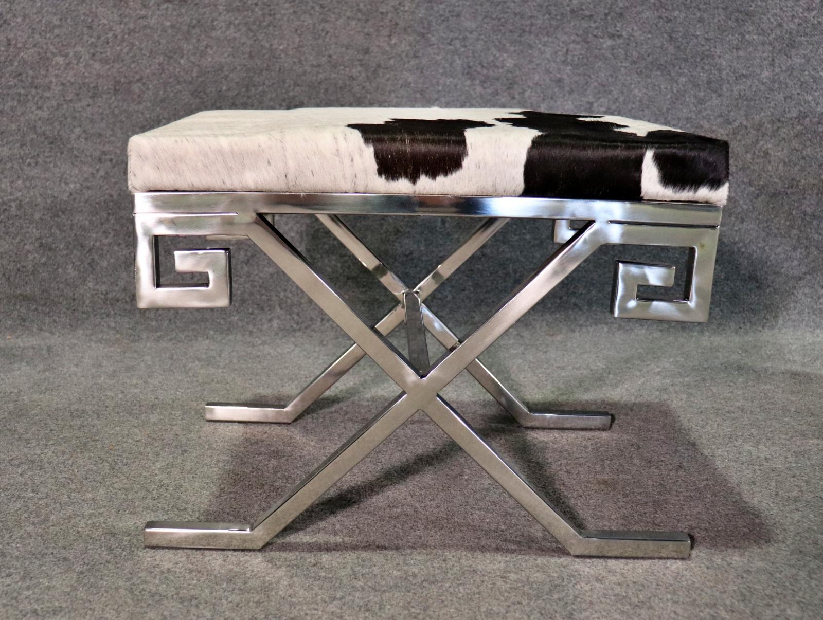 Pair of Mid Century Modern Style GreeK Key Steel and Cowhide Foot Stools  In Good Condition For Sale In Swedesboro, NJ
