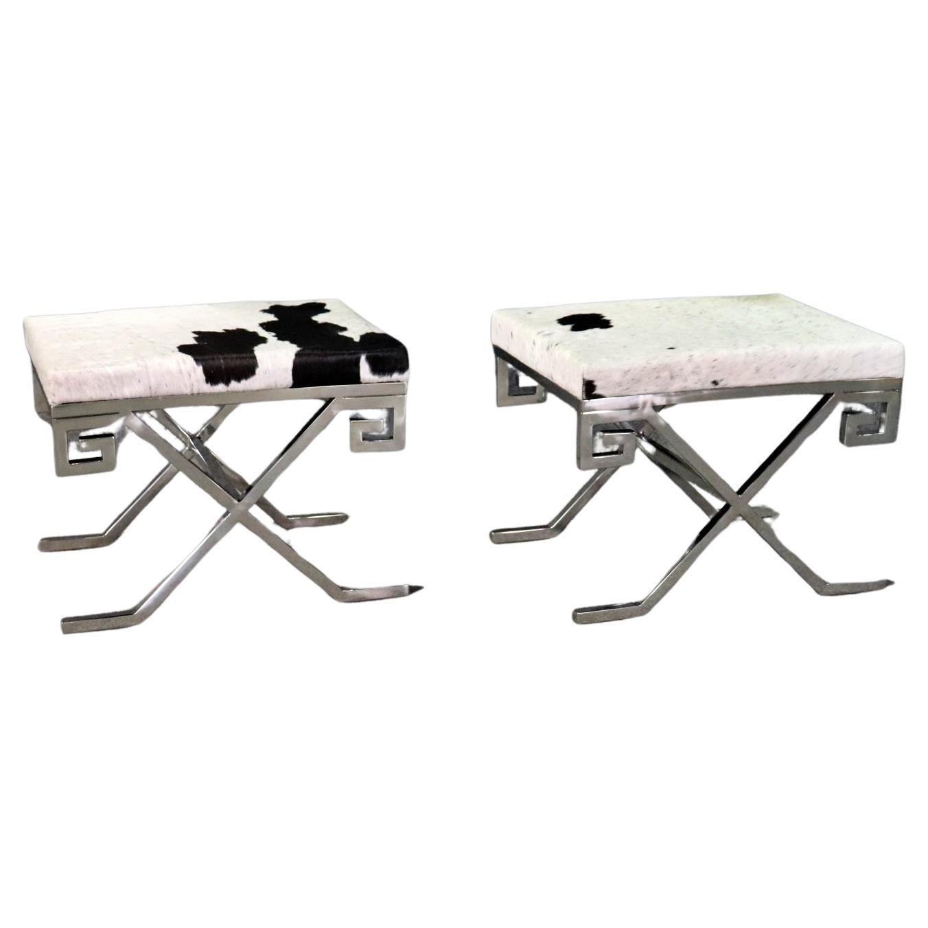 Pair of Mid Century Modern Style GreeK Key Steel and Cowhide Foot Stools  For Sale