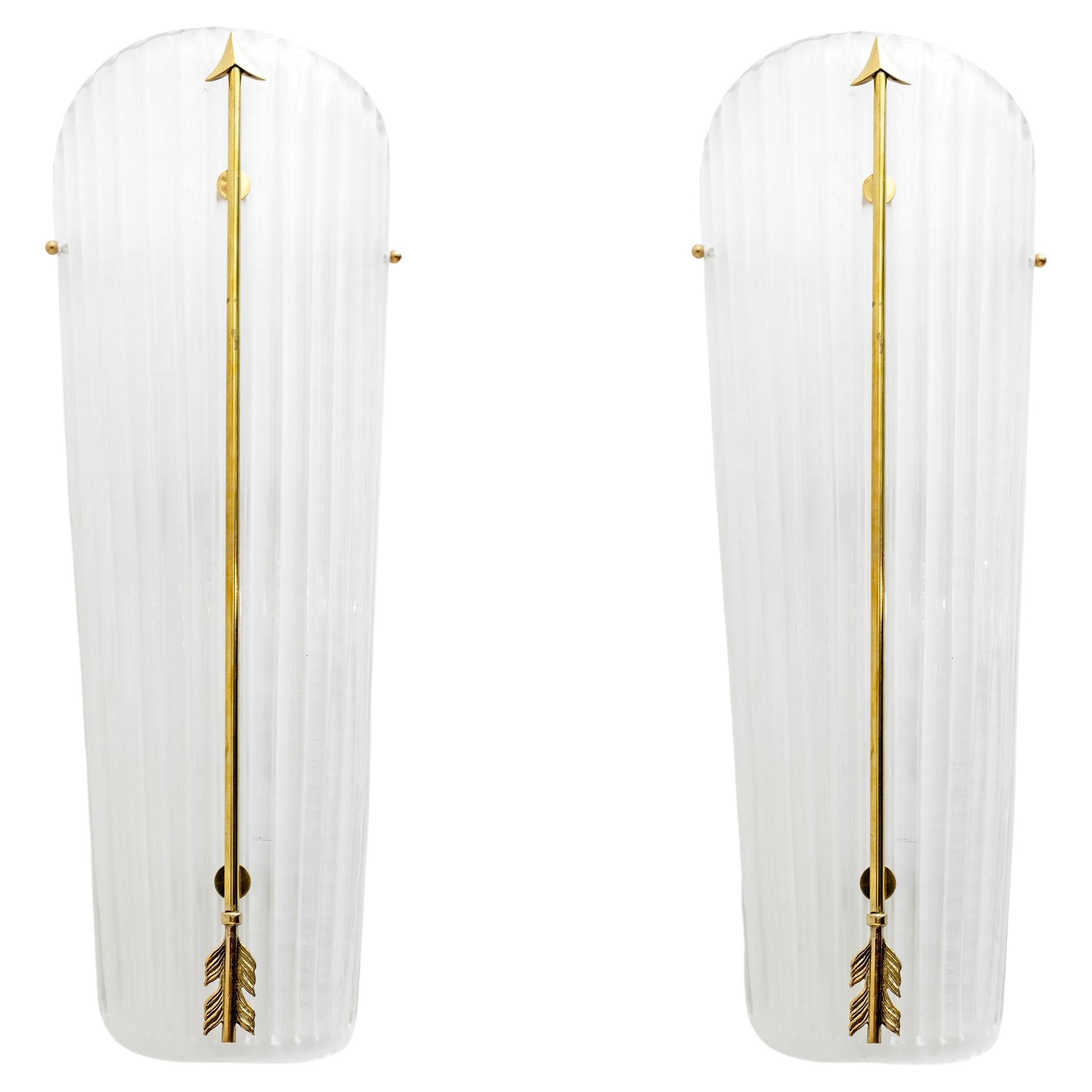Pair of Mid-century Modern Style Italian Murano Glass and Brass Sconces For Sale