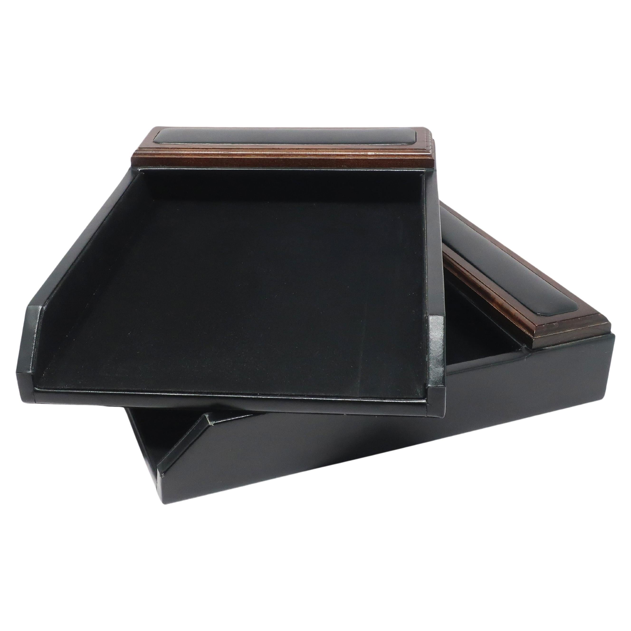 Pair of Mid-Century Modern Style Leather & Walnut Paper Tray