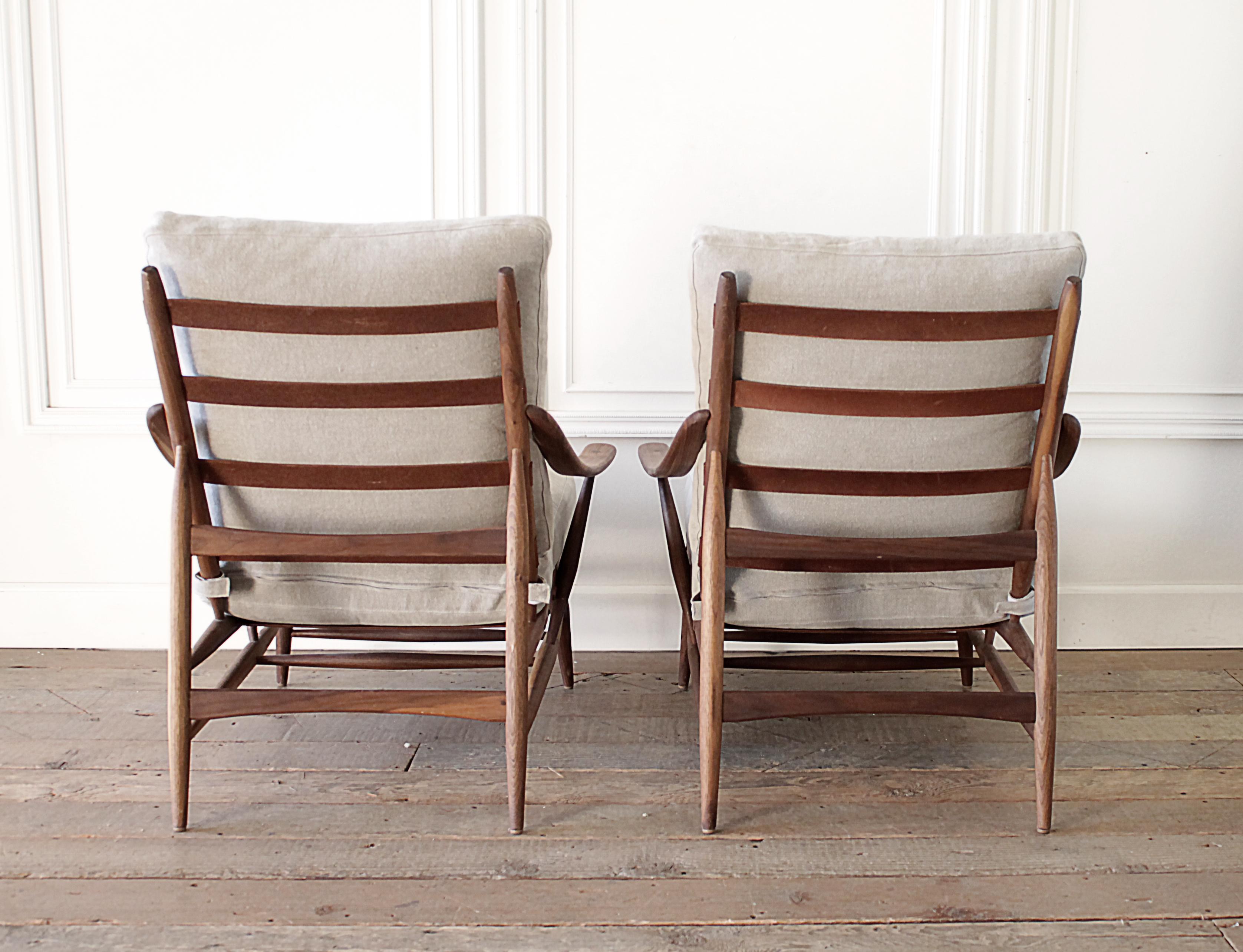 Stained Pair of Mid-Century Modern Style Lounge Chairs with Stone Washed Linen Cushions