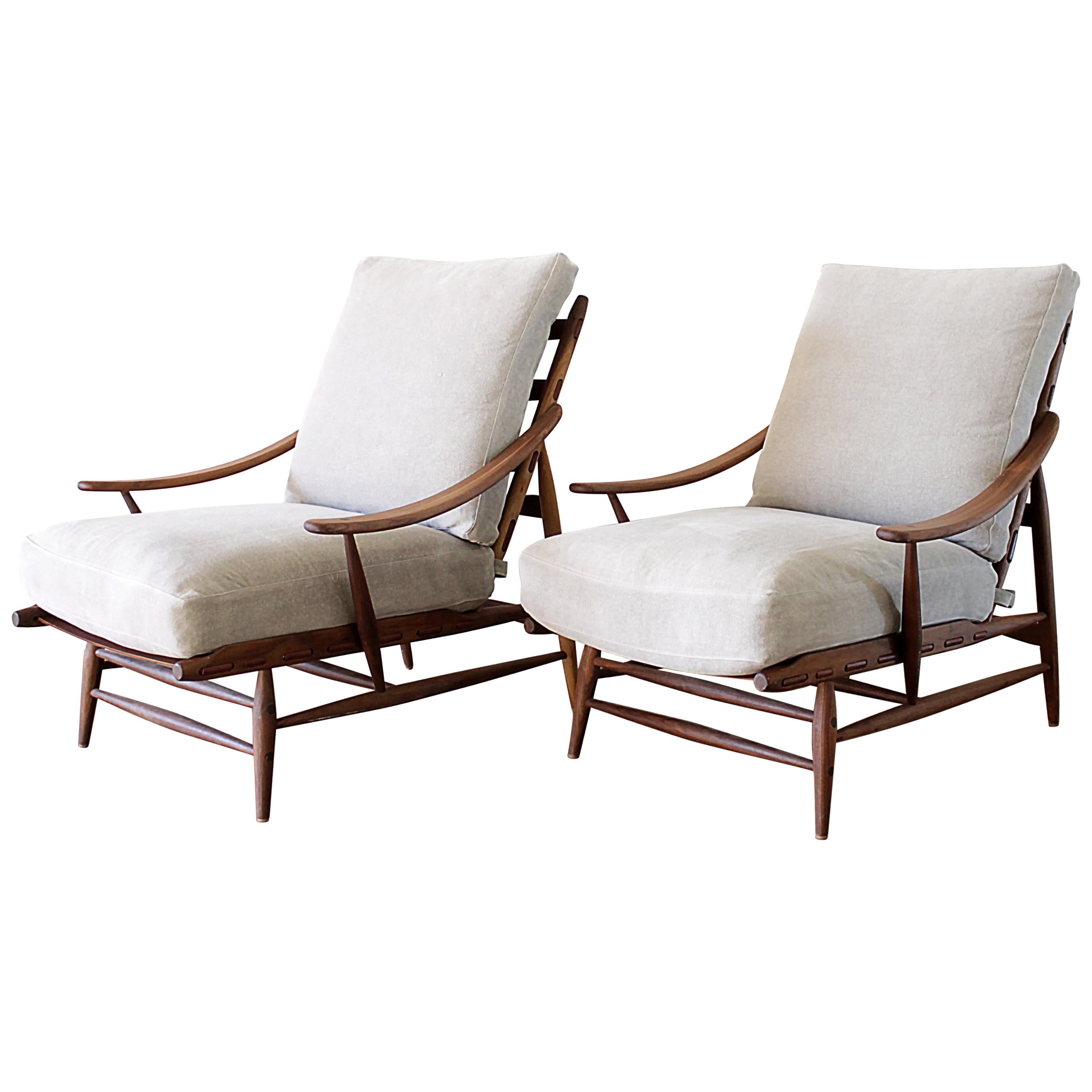 Pair of Mid-Century Modern Style Lounge Chairs with Stone Washed Linen Cushions