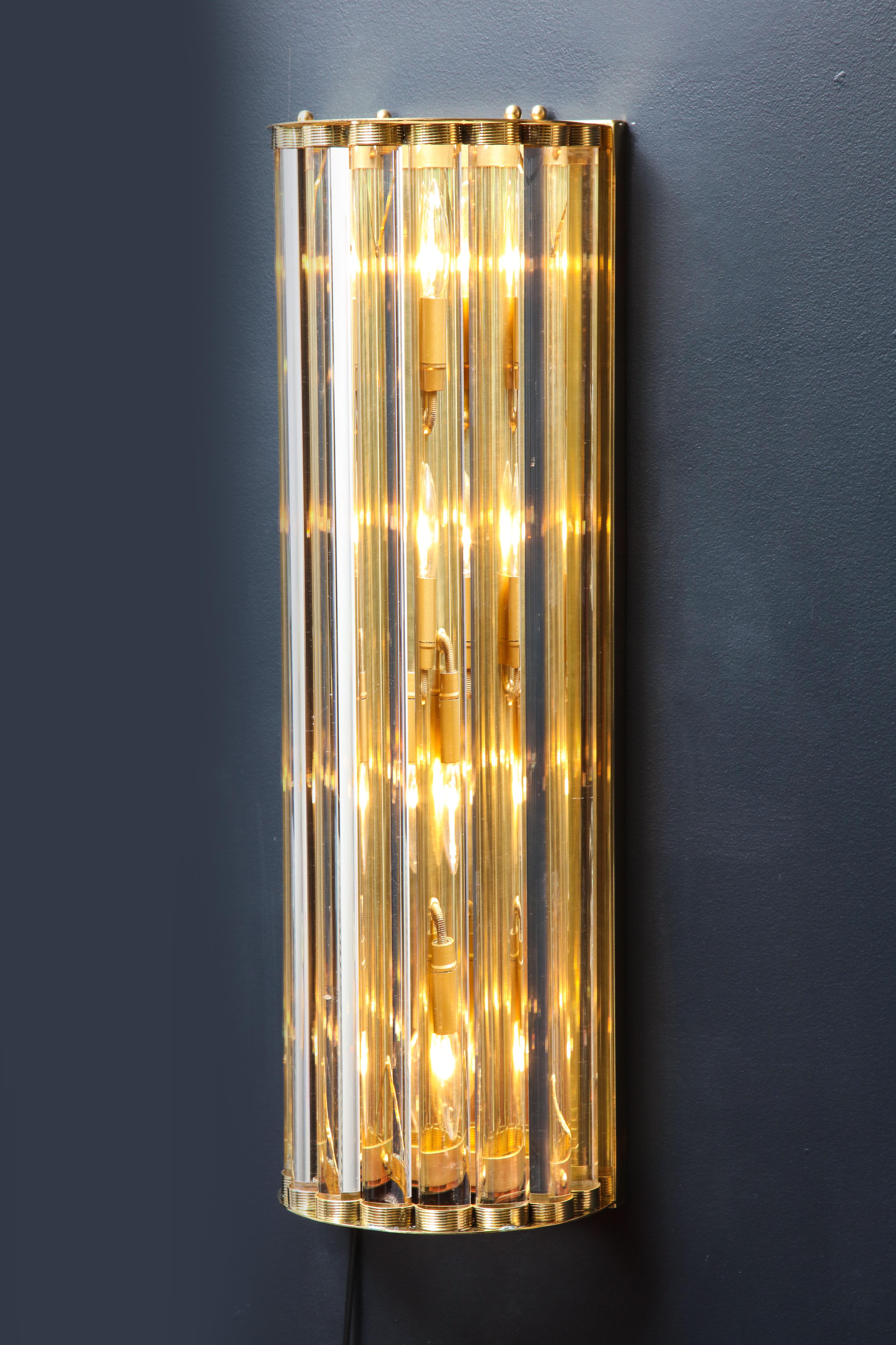 Italian Large Pair of Murano Glass Rods and Brass Wall Sconces, Italy, 2018, 2 ft height