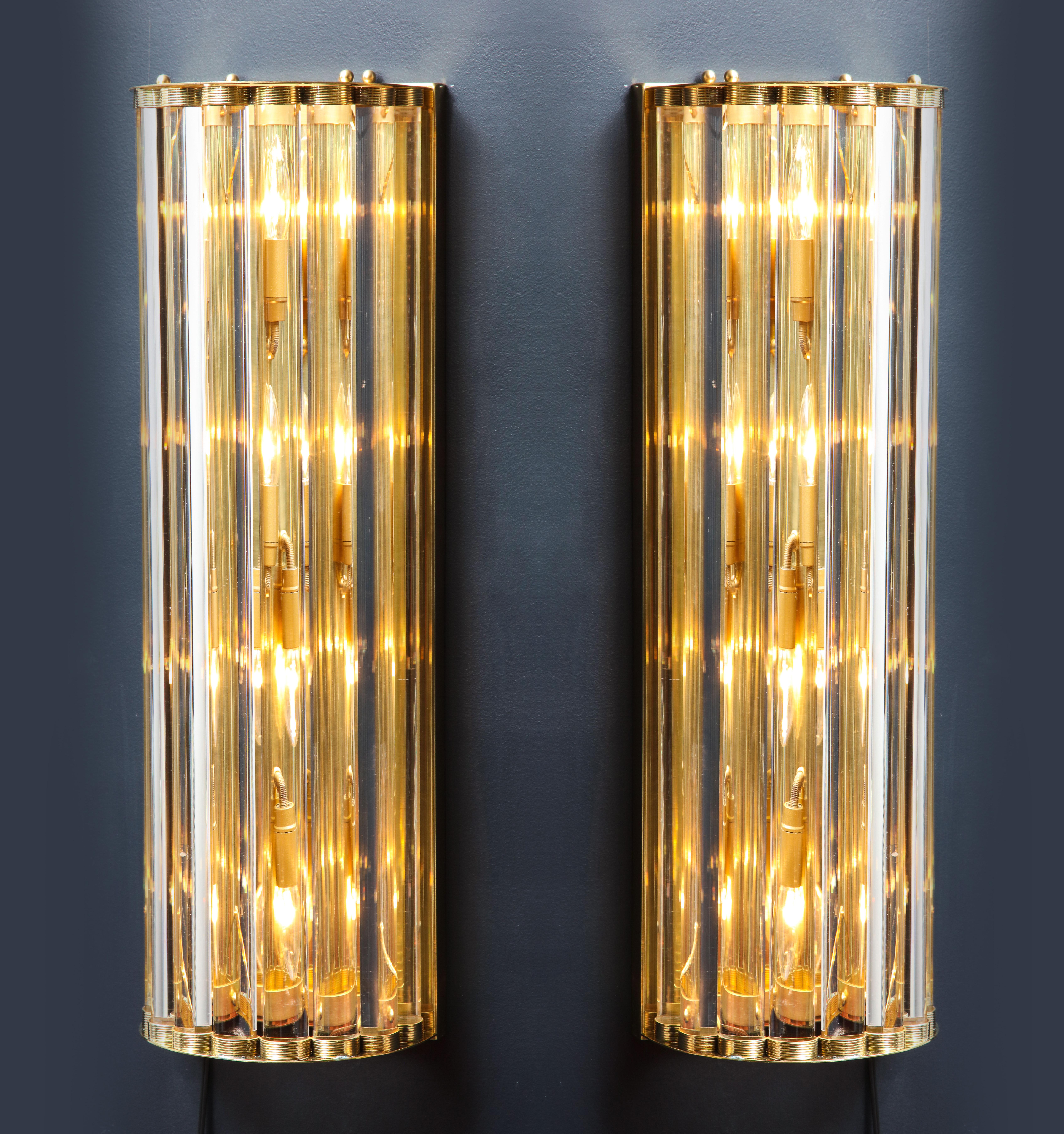 Hand-Crafted Large Pair of Murano Glass Rods and Brass Wall Sconces, Italy, 2018, 2 ft height