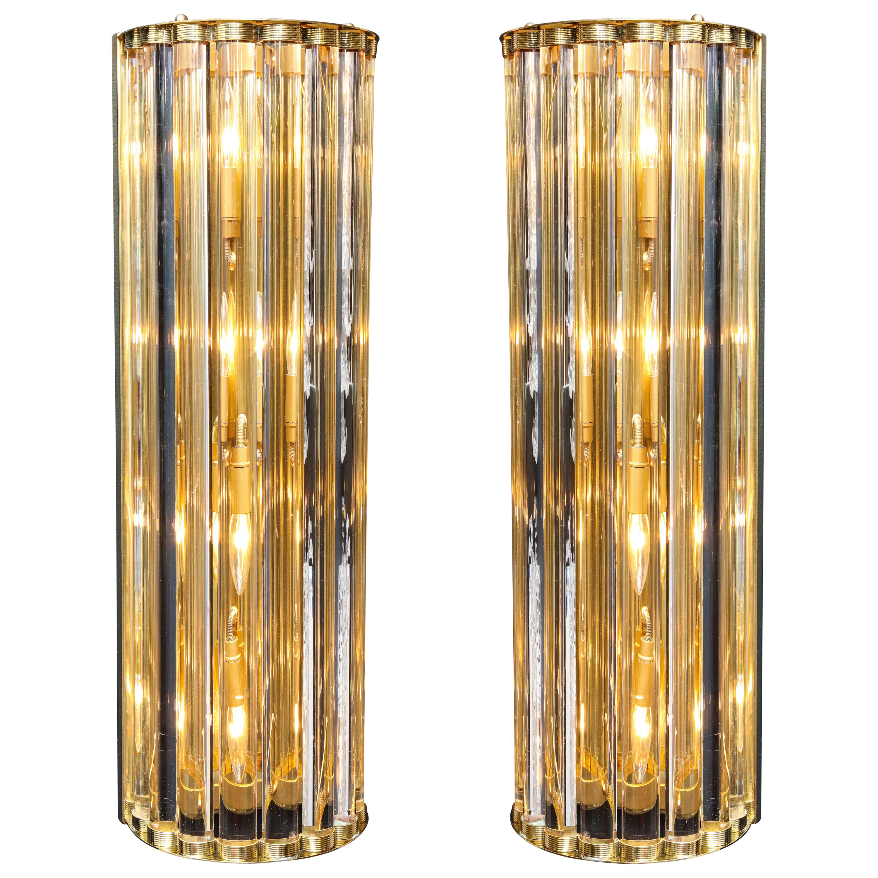 Large Pair of Murano Glass Rods and Brass Wall Sconces, Italy, 2018, 2 ft height