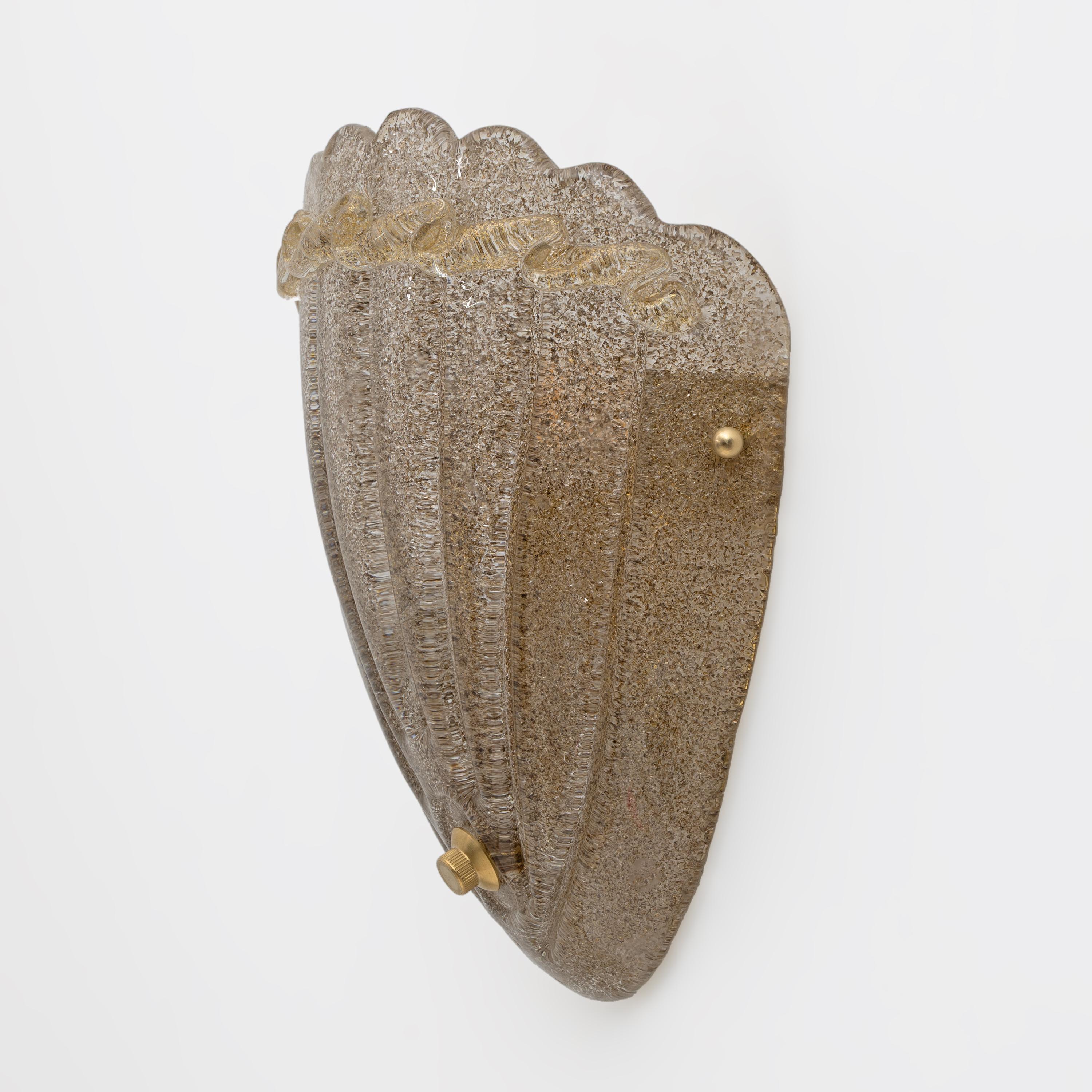 Brass Pair of Mid-Century Modern Style Murano Glass Shell Sconces For Sale