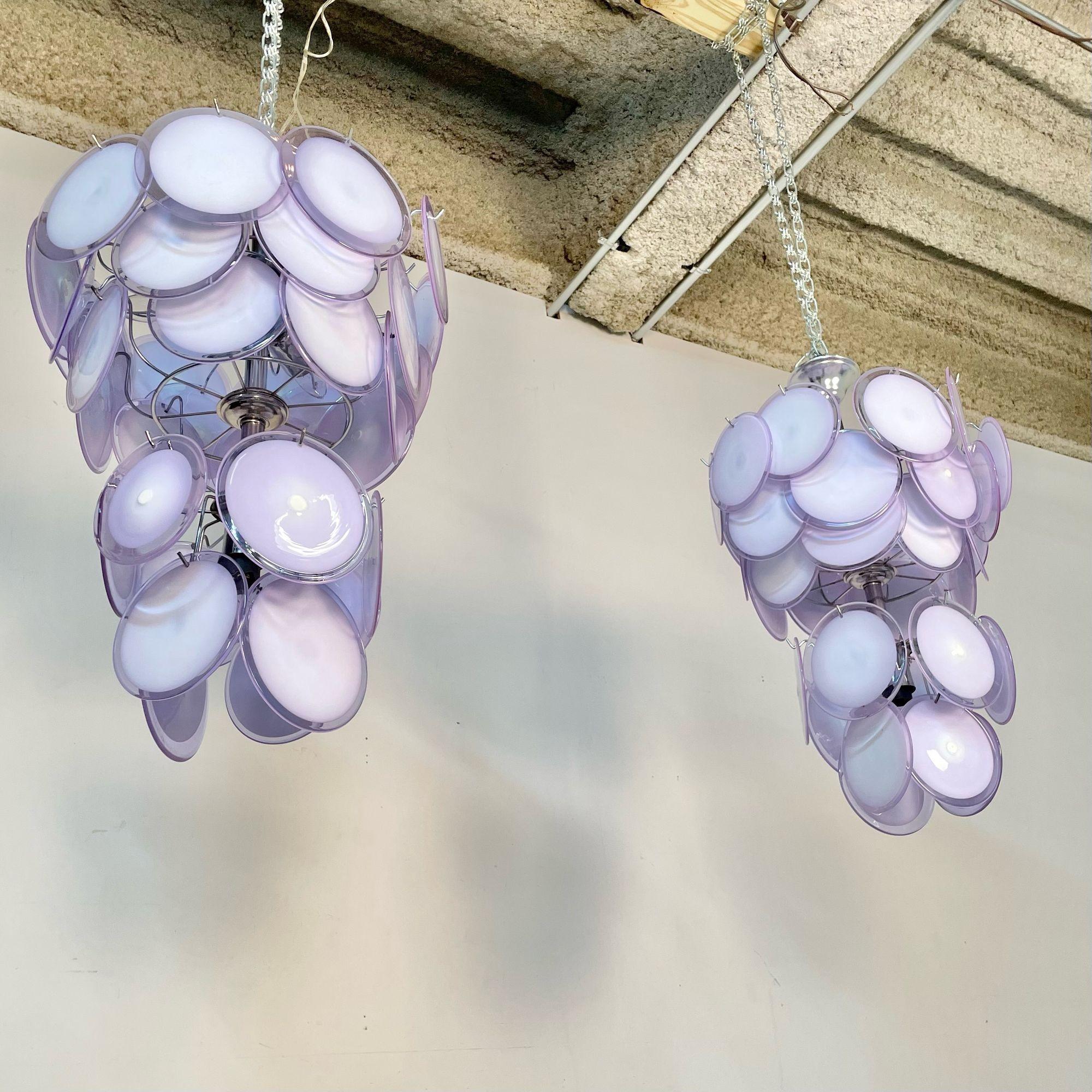 American Pair of Mid-Century Modern Style Purple Murano Glass Disk Chandeliers For Sale