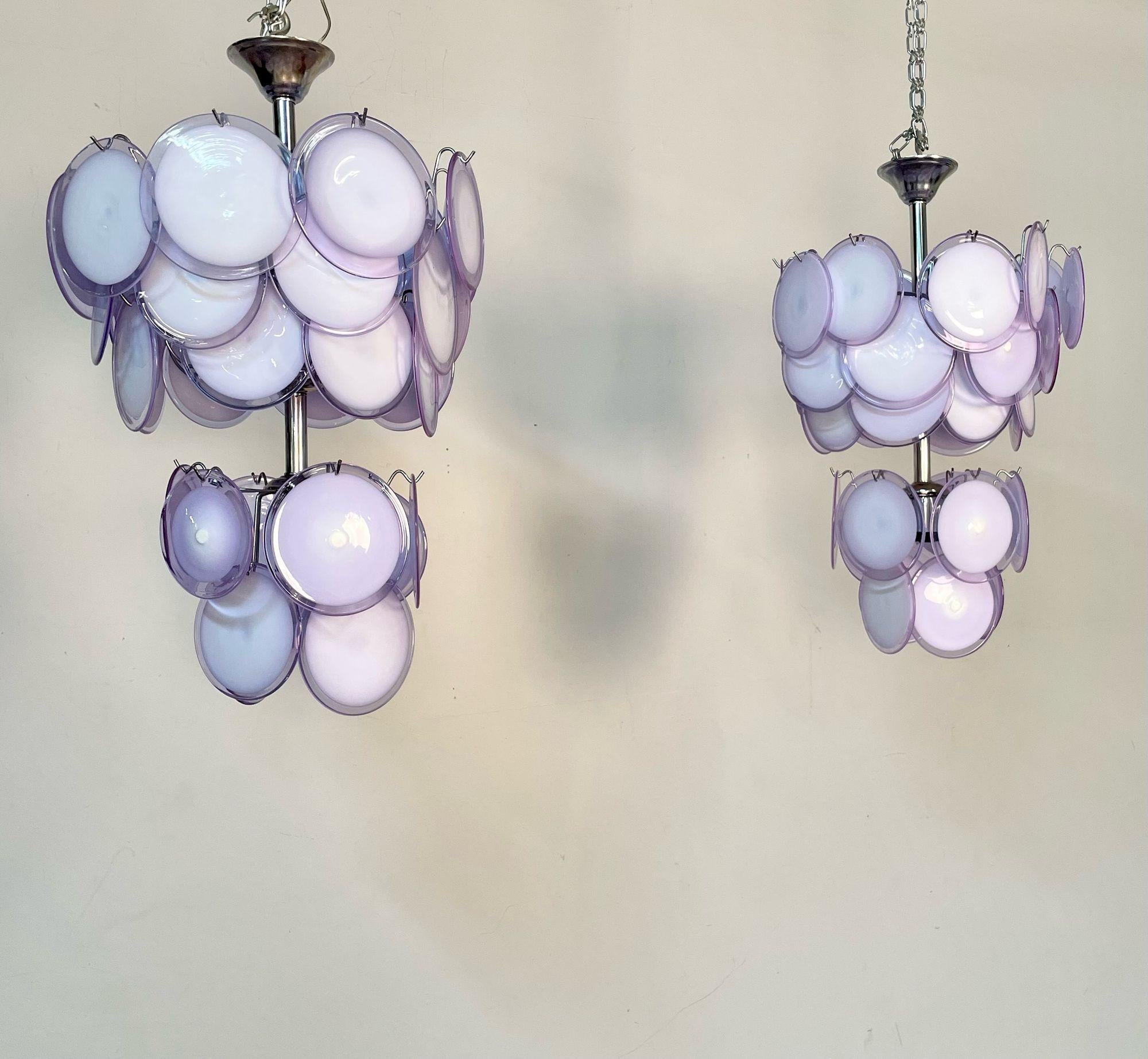 Pair of Mid-Century Modern Style Purple Murano Glass Disk Chandeliers In Good Condition For Sale In Stamford, CT