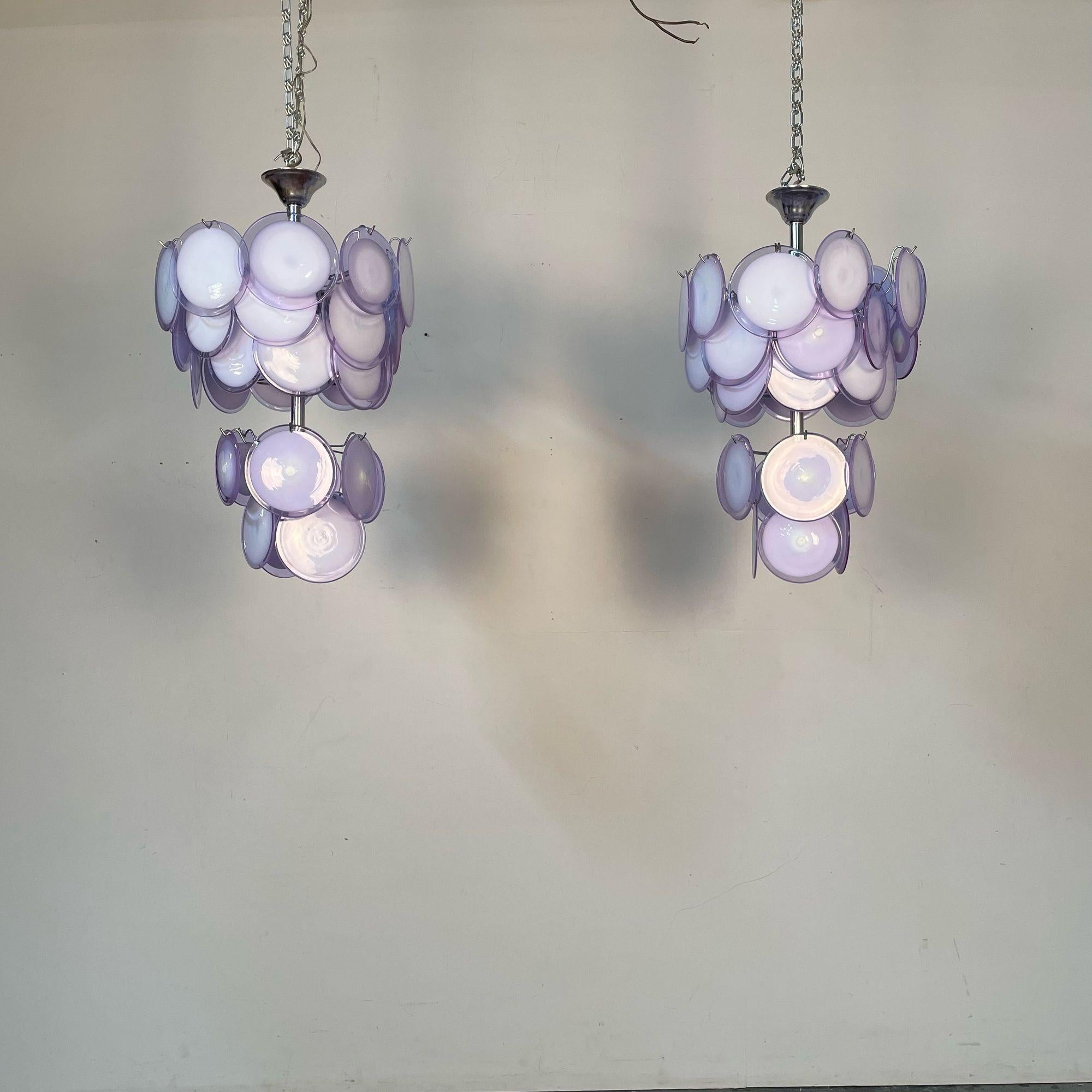 Mid-20th Century Pair of Mid-Century Modern Style Purple Murano Glass Disk Chandeliers For Sale