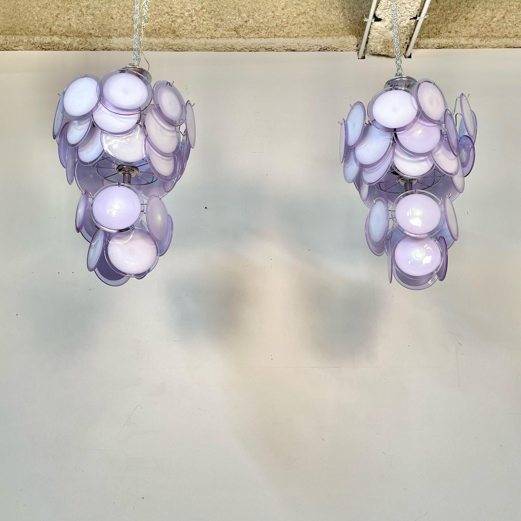 Pair of Mid-Century Modern Style Purple Murano Glass Disk Chandeliers For Sale 1