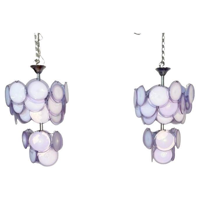 Pair of Mid-Century Modern Style Purple Murano Glass Disk Chandeliers