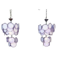 Vintage Pair of Mid-Century Modern Style Purple Murano Glass Disk Chandeliers