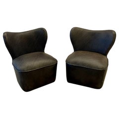 Pair of Mid-Century Modern Style Slipper / Lounge Chairs, Brown Leather, Tweed