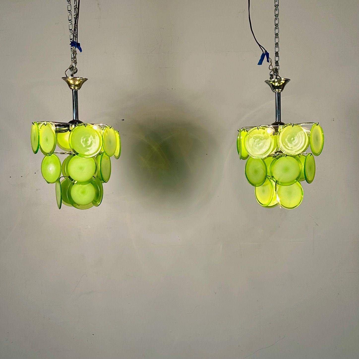Pair of Mid-Century Modern Style Small Green Murano Glass Disk Chandeliers For Sale 5