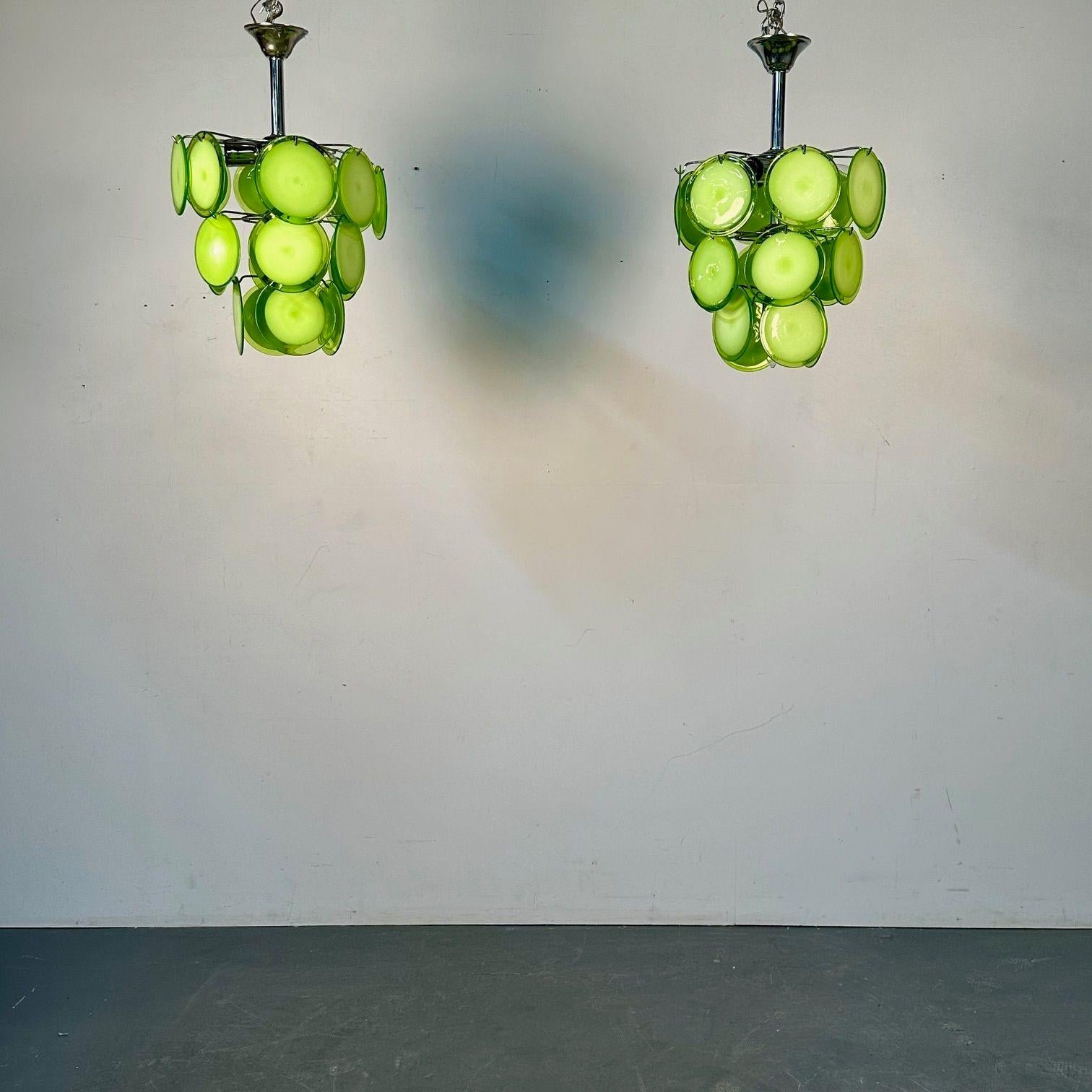 American Pair of Mid-Century Modern Style Small Green Murano Glass Disk Chandeliers For Sale