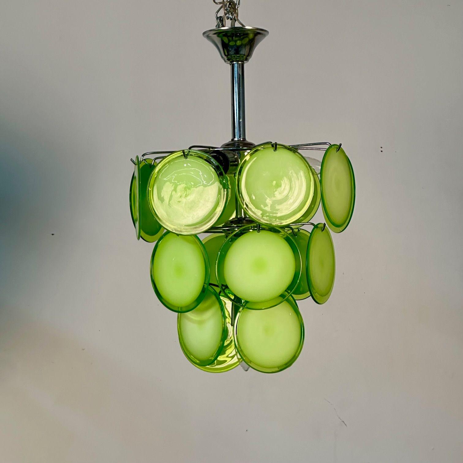 Pair of Mid-Century Modern Style Small Green Murano Glass Disk Chandeliers In Good Condition For Sale In Stamford, CT