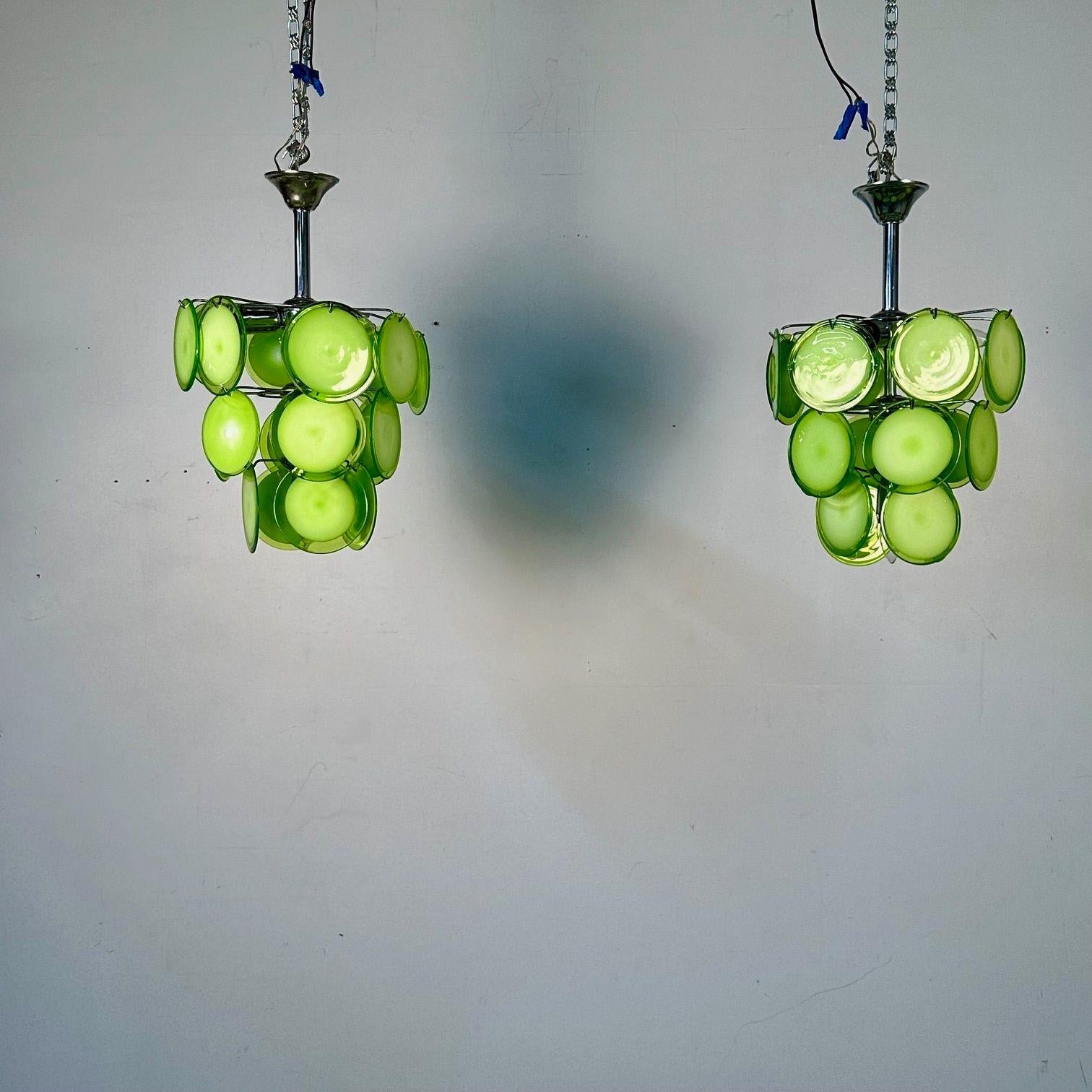 Mid-20th Century Pair of Mid-Century Modern Style Small Green Murano Glass Disk Chandeliers For Sale
