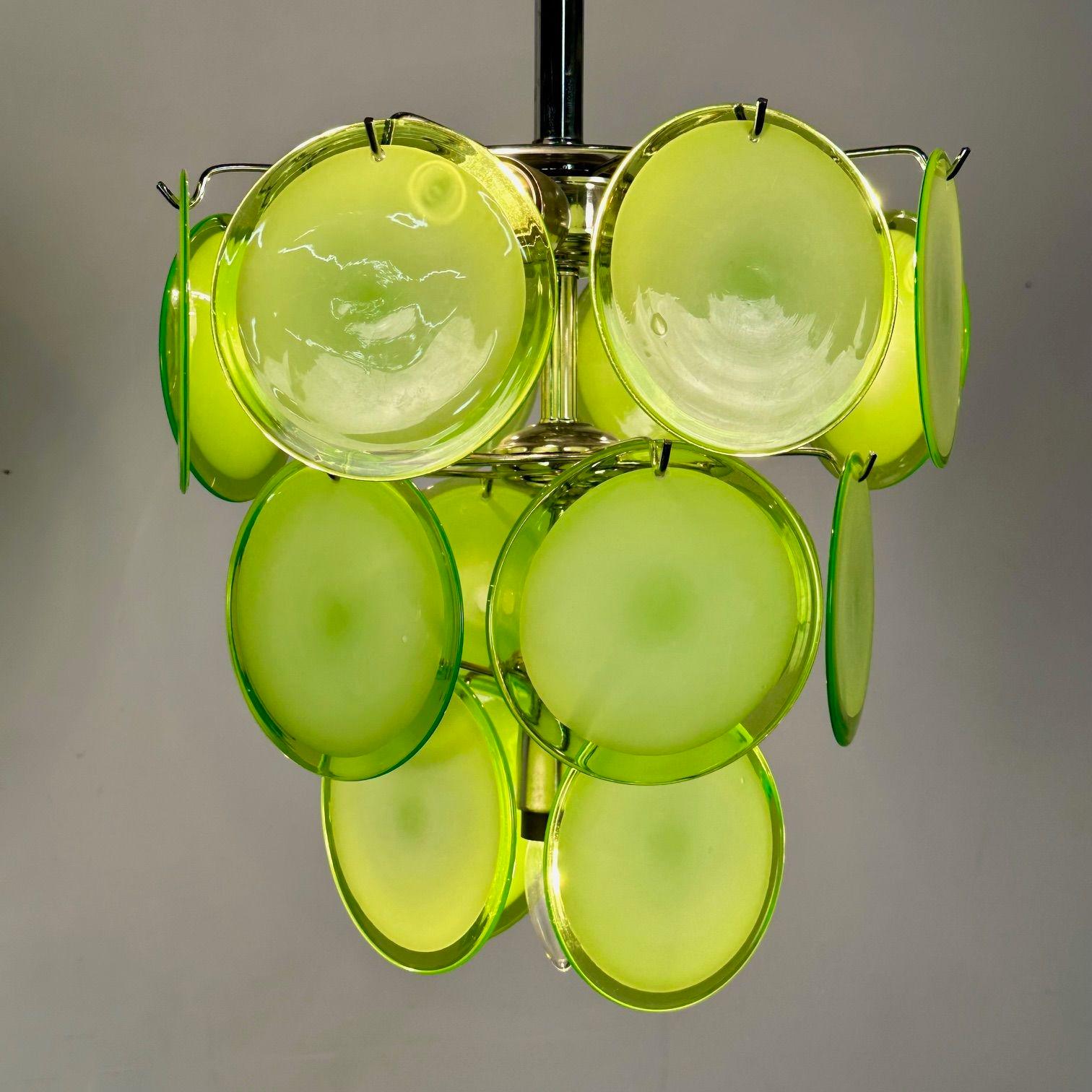 Pair of Mid-Century Modern Style Small Green Murano Glass Disk Chandeliers For Sale 1