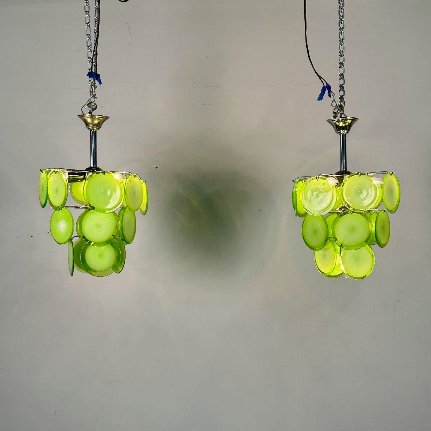 Pair of Mid-Century Modern Style Small Green Murano Glass Disk Chandeliers For Sale 2