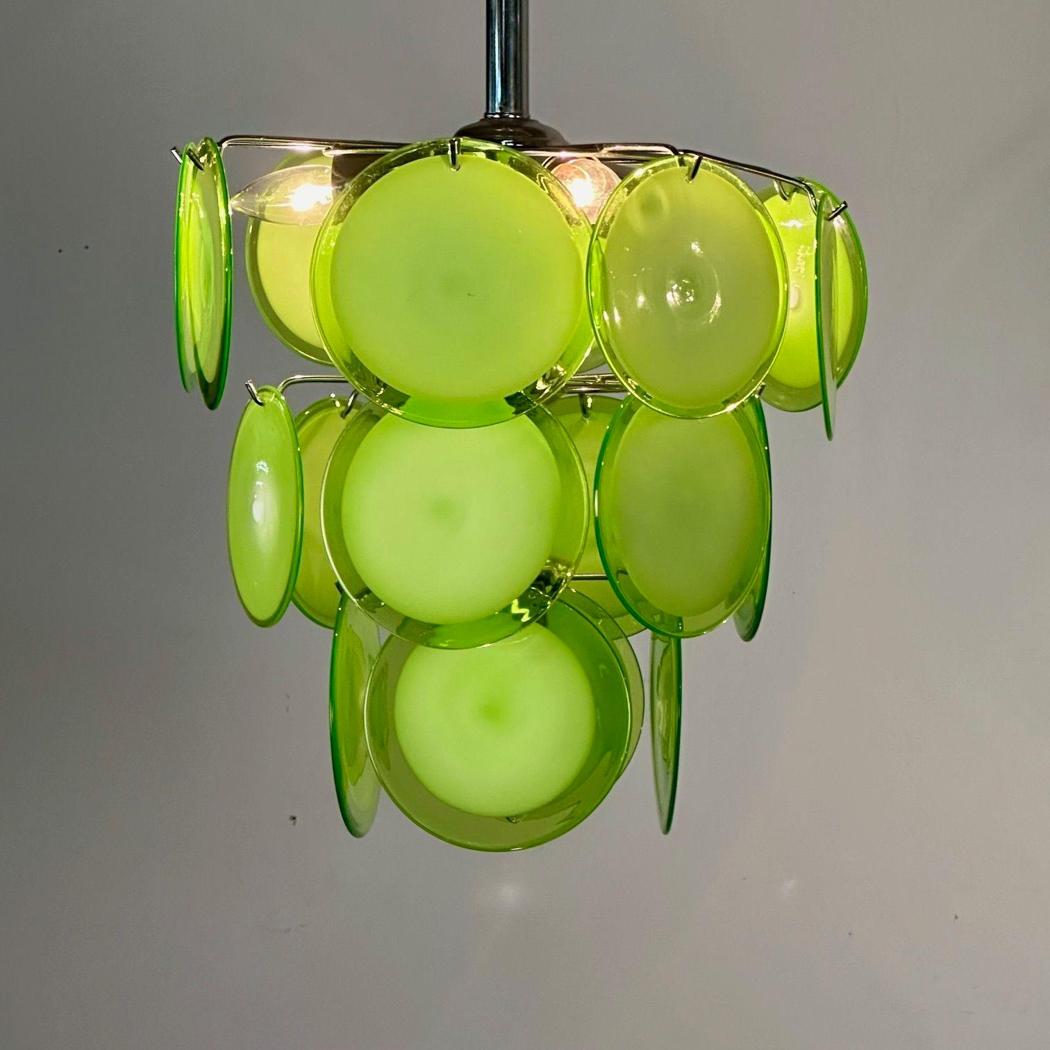 Pair of Mid-Century Modern Style Small Green Murano Glass Disk Chandeliers For Sale 3