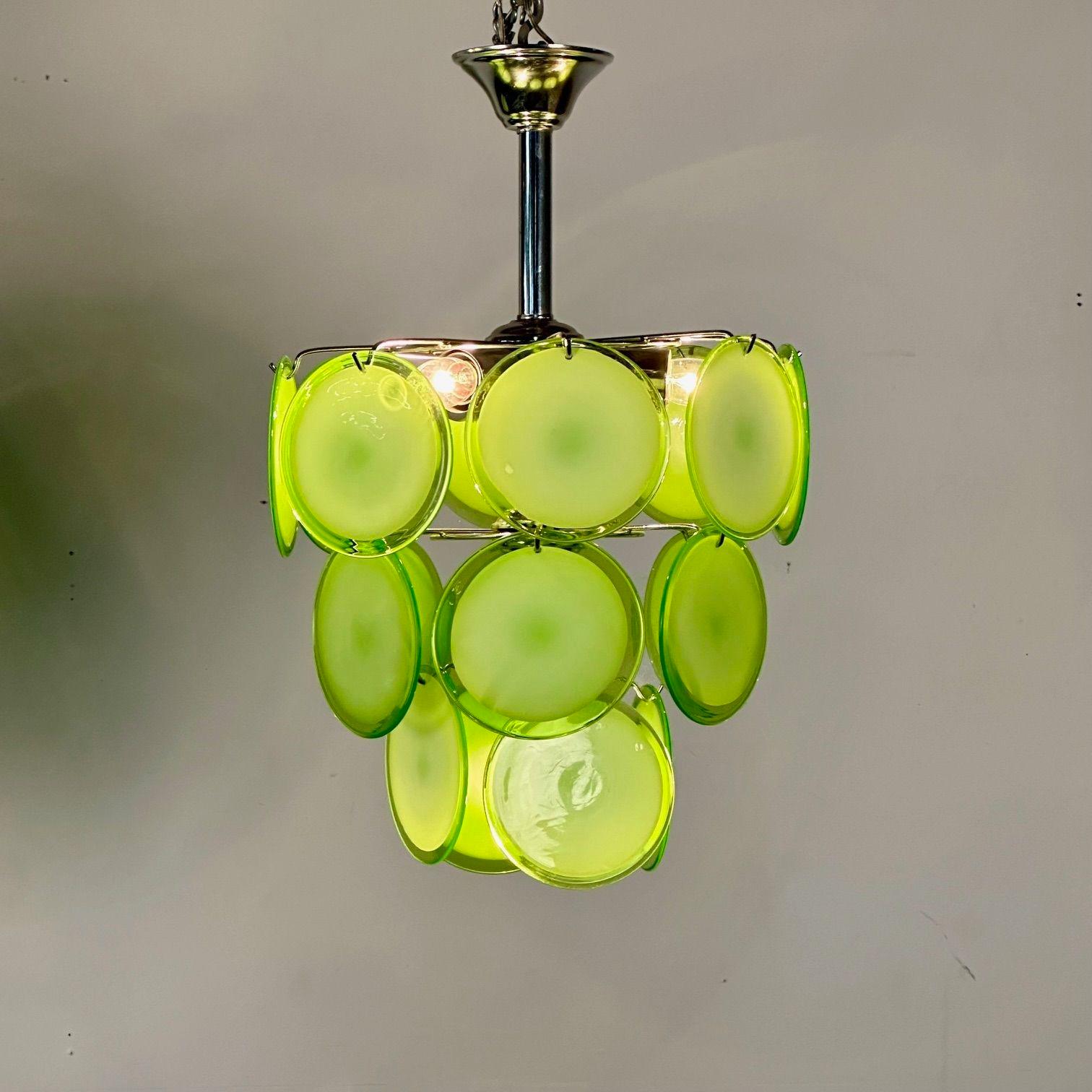 Pair of Mid-Century Modern Style Small Green Murano Glass Disk Chandeliers For Sale 4