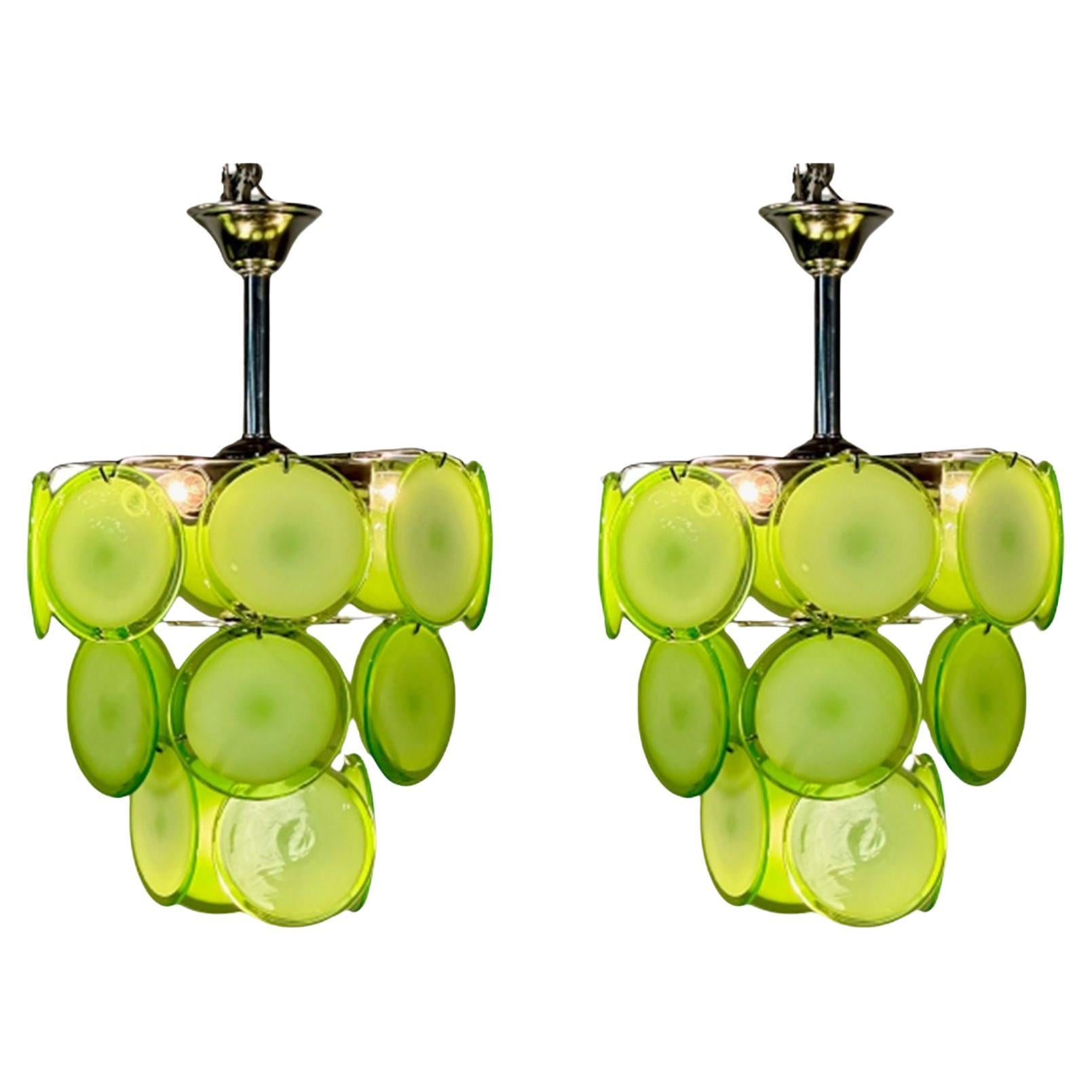 Pair of Mid-Century Modern Style Small Green Murano Glass Disk Chandeliers For Sale