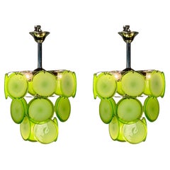 Vintage Pair of Mid-Century Modern Style Small Green Murano Glass Disk Chandeliers