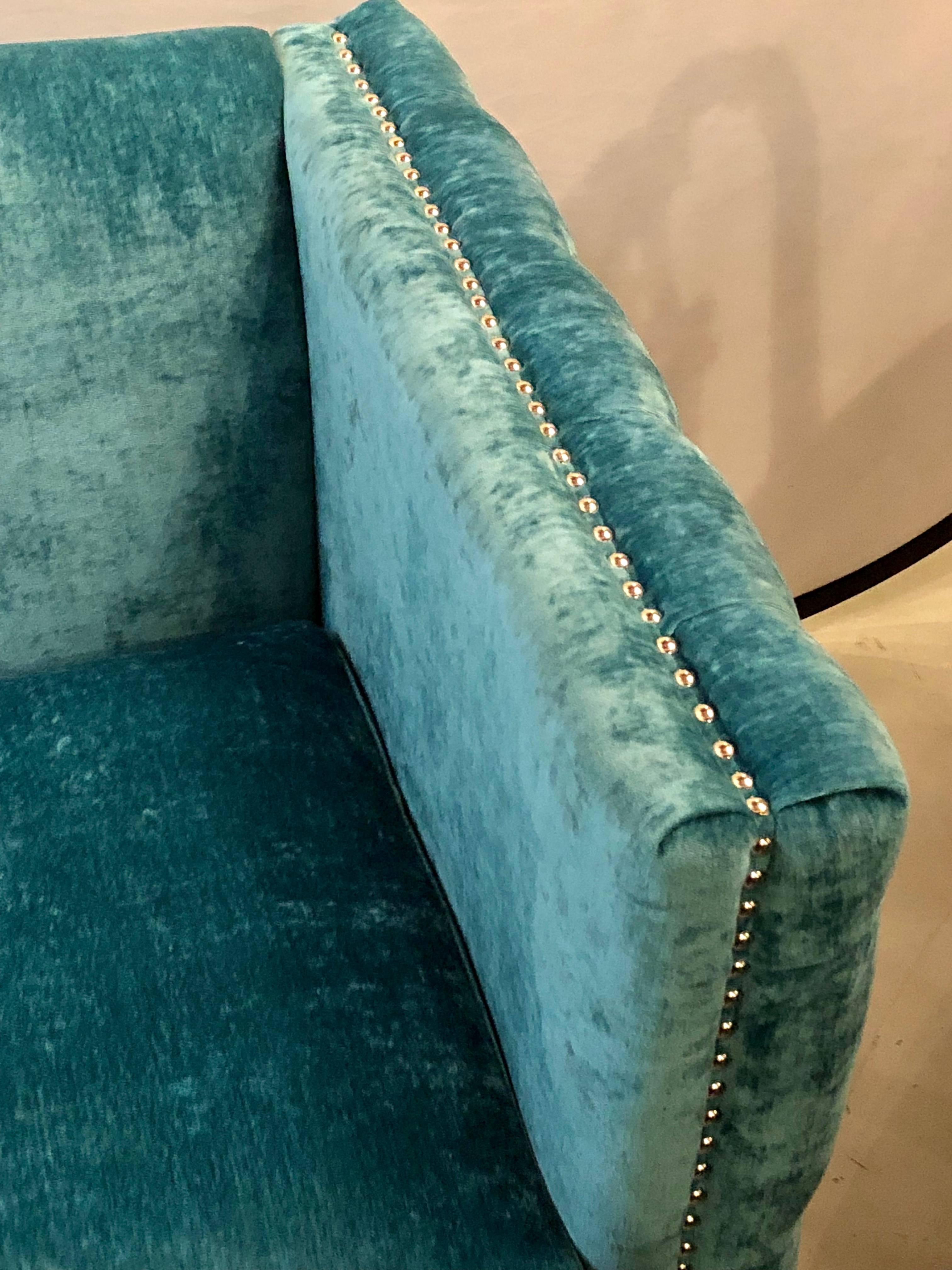 Pair of Mid-Century Modern Style Teal Tufted Oversized Box Form Armchairs 2