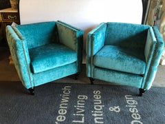 Pair of Mid-Century Modern Style Teal Tufted Oversized Box Form Armchairs