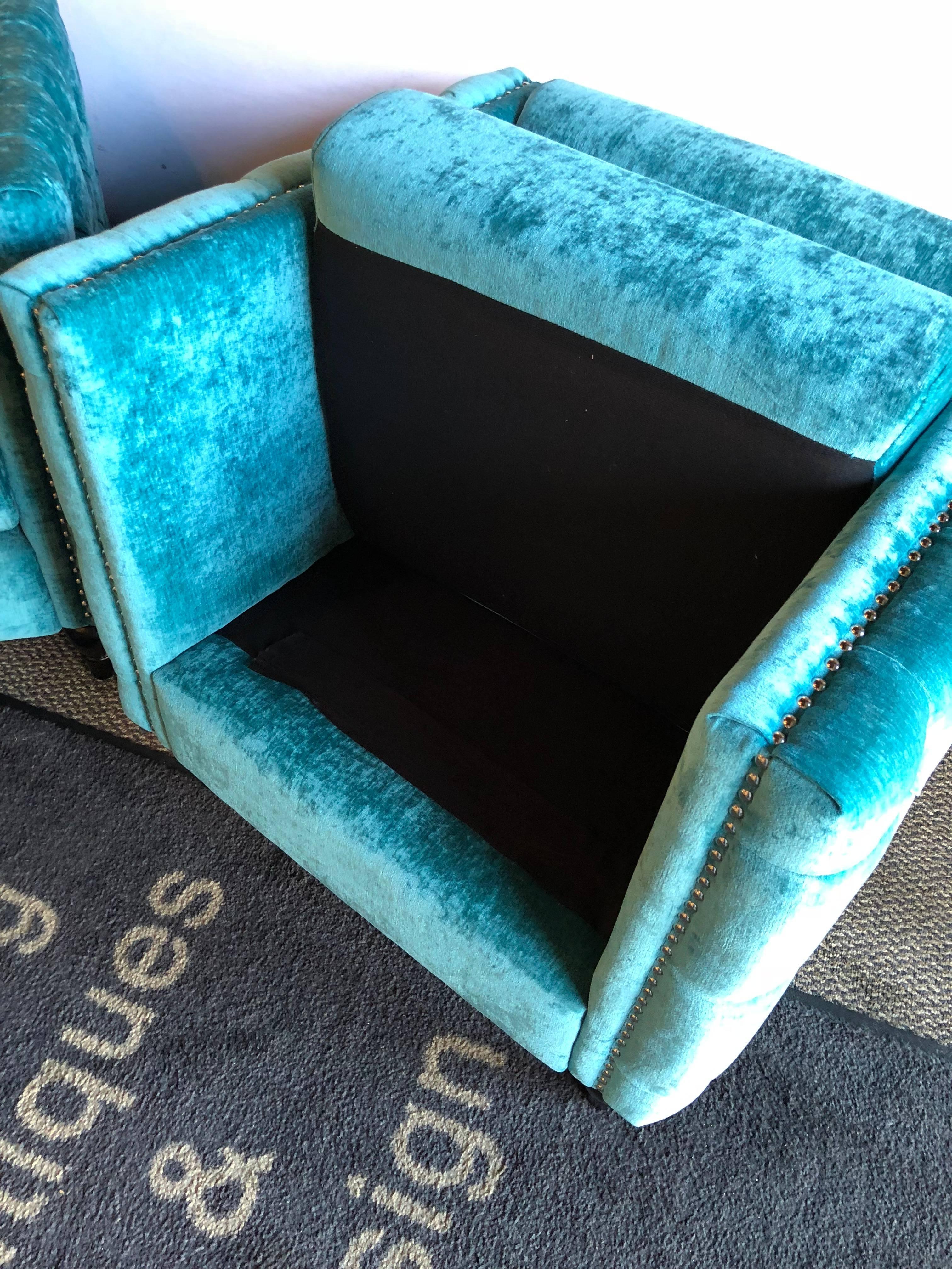 Pair of Mid-Century Modern Style Teal Tufted Oversized Box Form Armchairs In Good Condition In Stamford, CT