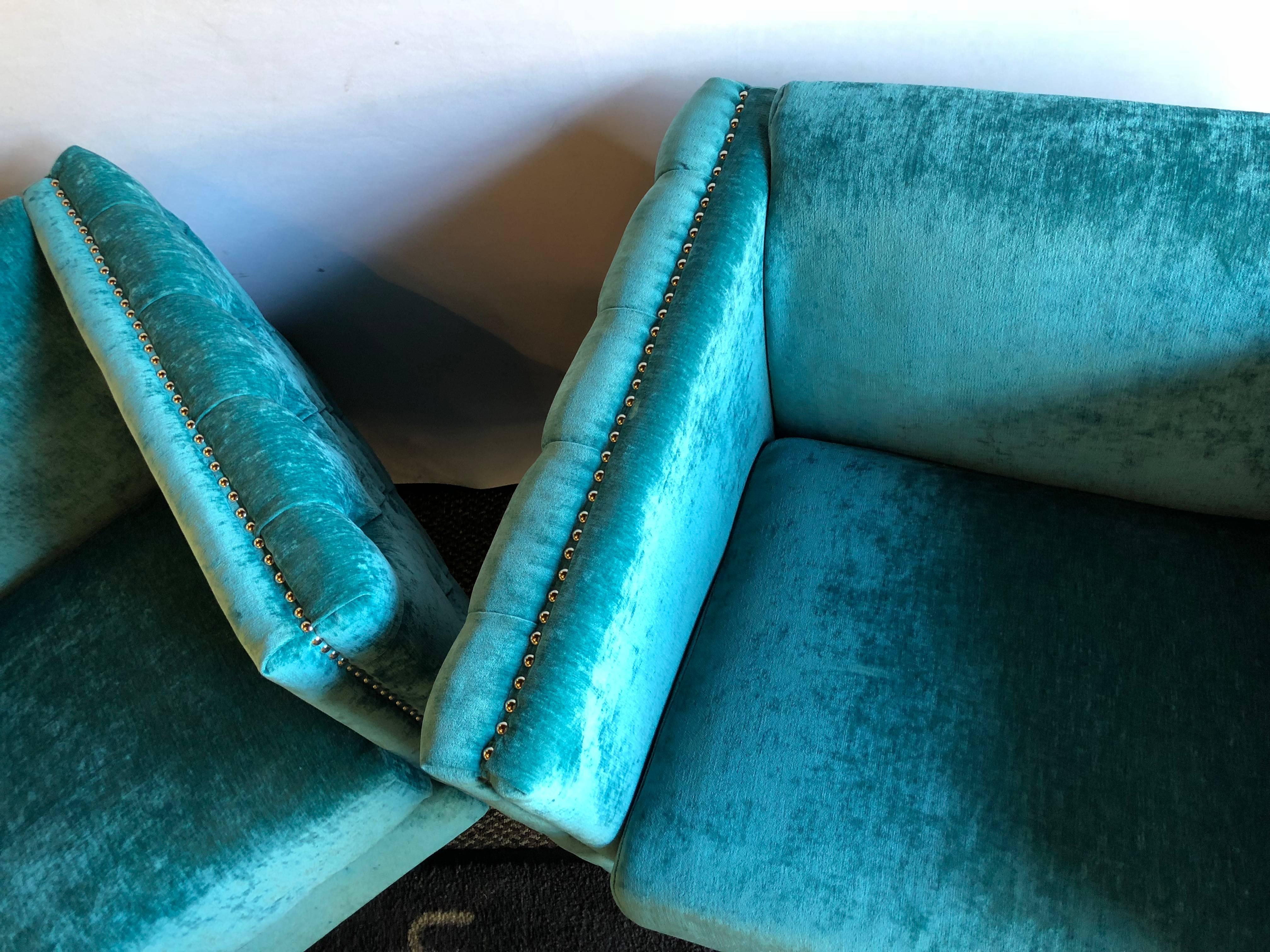 Late 20th Century Pair of Mid-Century Modern Style Teal Tufted Oversized Box Form Armchairs