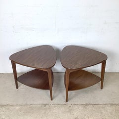 Pair of Mid-Century Modern Style Two-Tier Triangular Walnut-Finish End Tables