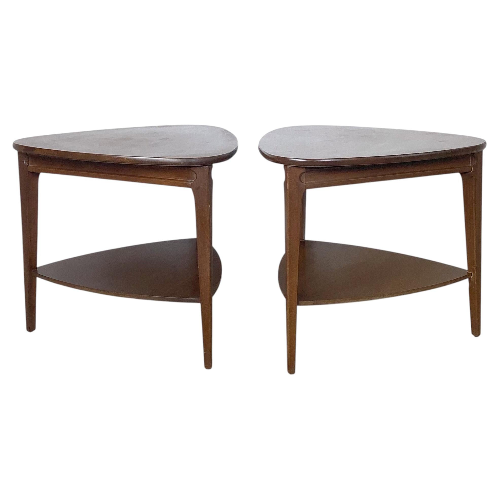 Pair of Mid-Century Modern Style Two-Tier Triangular Walnut-Finish End Tables