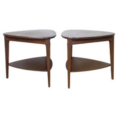 Pair of Mid-Century Modern Style Two-Tier Triangular Walnut-Finish End Tables