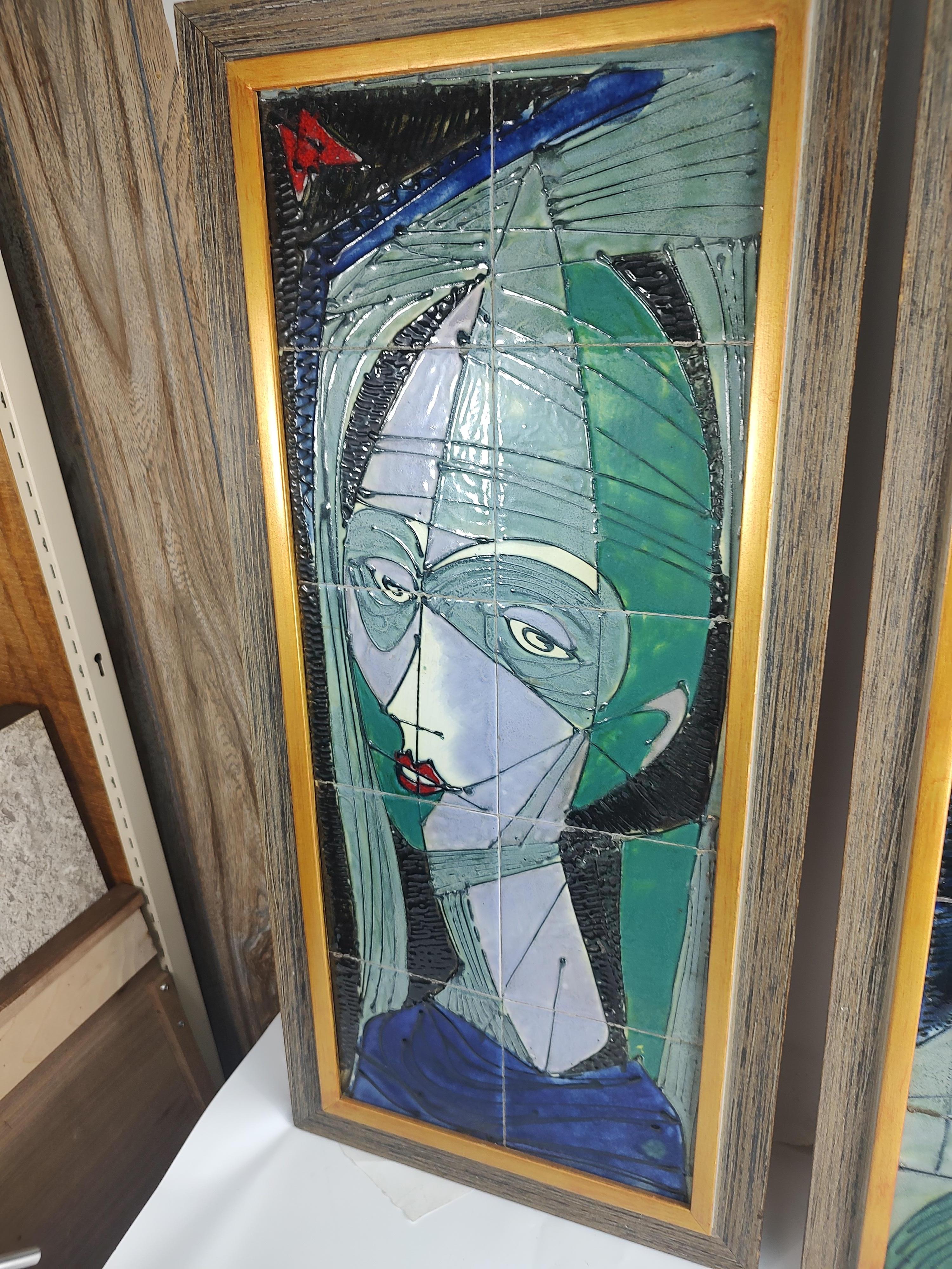 Pair of Mid Century Modern Stylized Ceramic Tile Portraits by Harris Strong 7