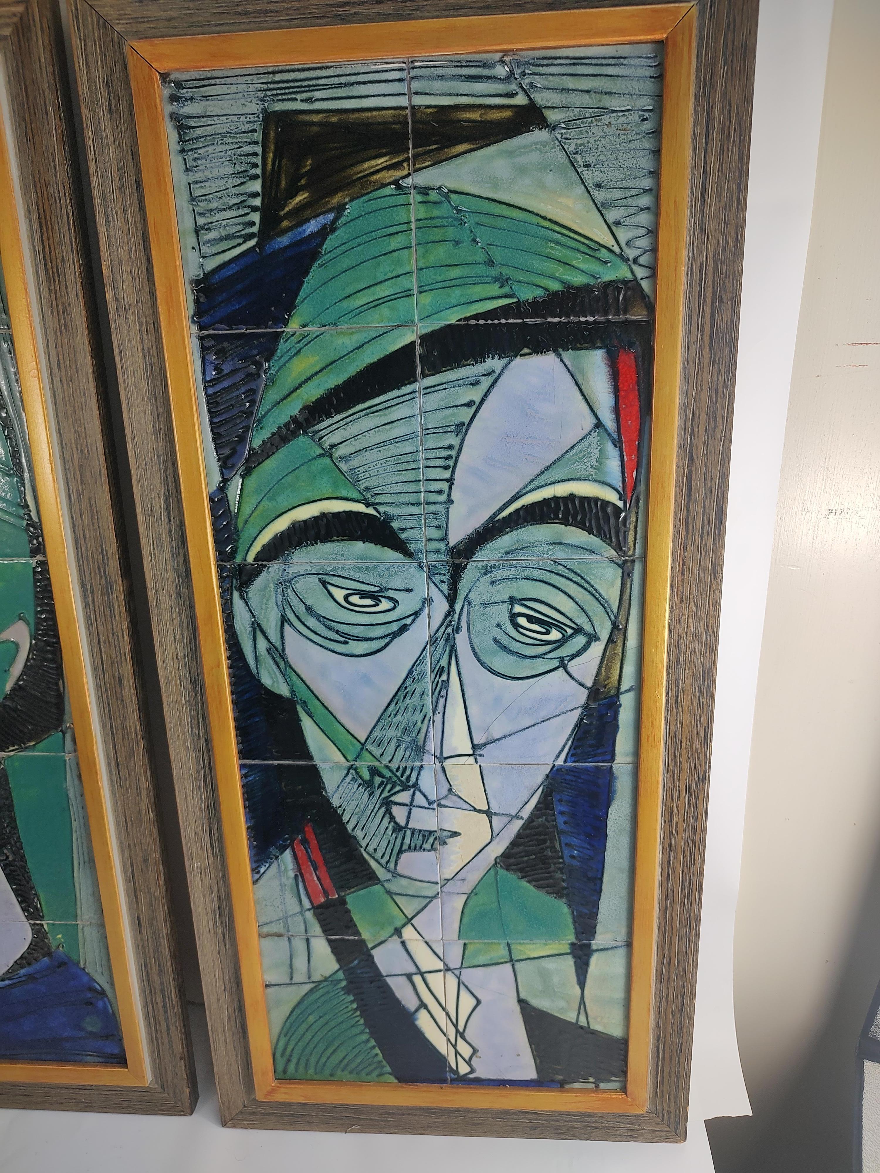 Pair of Mid Century Modern Stylized Ceramic Tile Portraits by Harris Strong 8